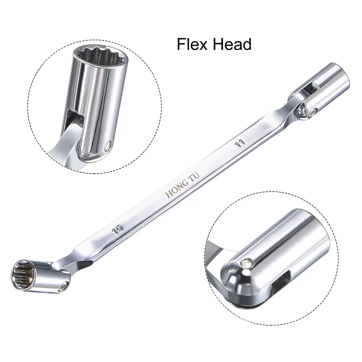 uxcell 12 Point Flexible Head Socket Wrench, 10mm x 11mm, Chrome Vanadium Steel, 200mm Length | 180° Rotation for Mechanical Repair - view 3