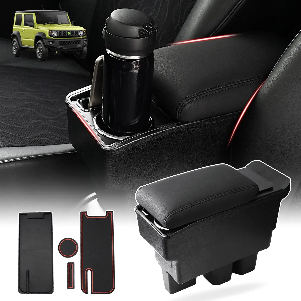 Autorder Center Console Storage Box for Suzuki Jimny JB64W/JB74W 2018-2025 | Custom Fit Armrest with Cup Holder - main product image