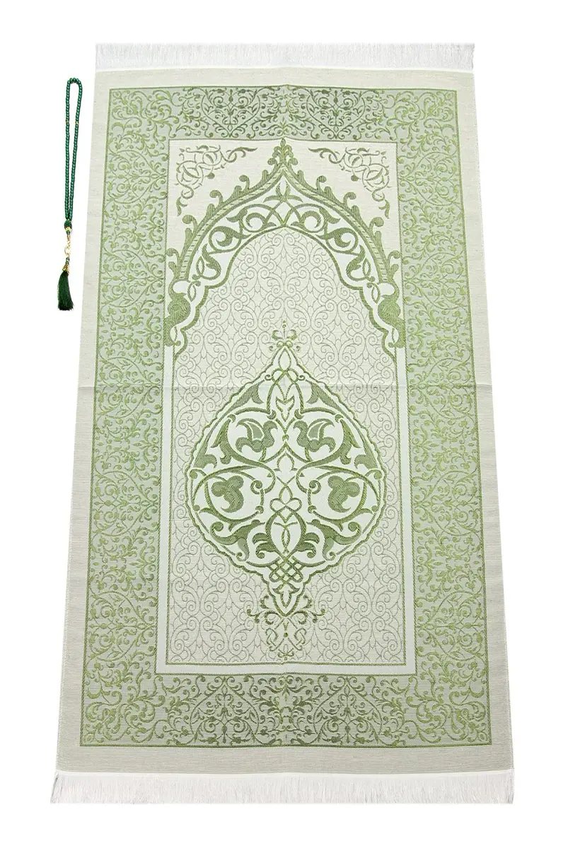 ihvan online Green Prayer Rug with Prayer Beads - 117cm x 71cm | Soft Taffeta Islamic Janamaz - view 4