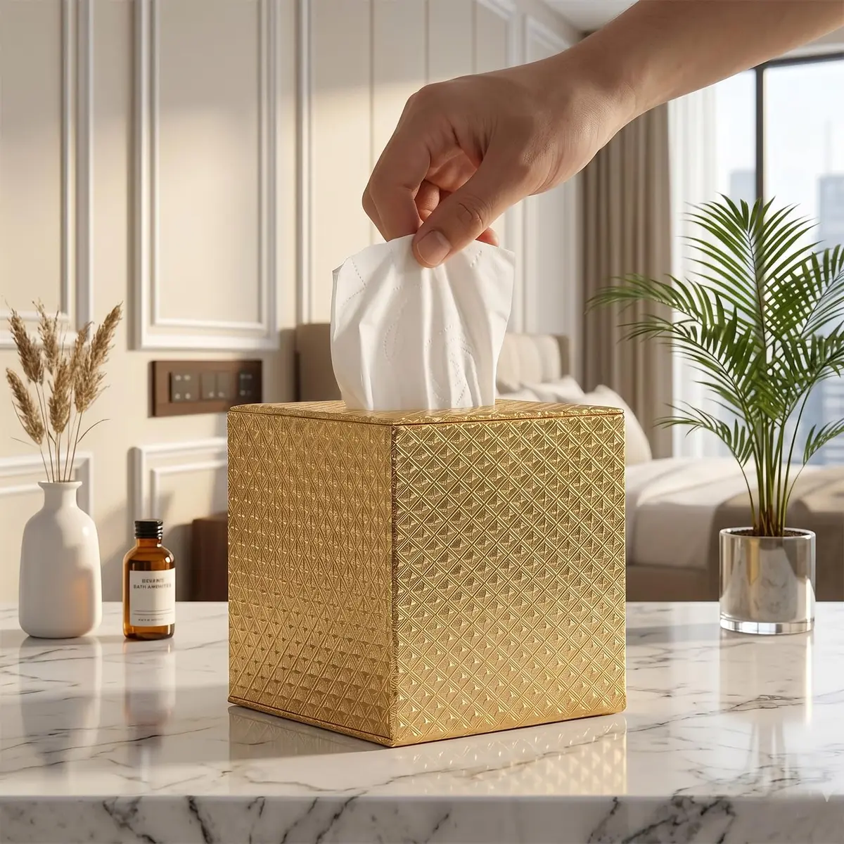 SUNYUROU Gold Square Tissue Box Cover for Bathrooms & Desks | 14cm x 13.1cm x 14.3cm - main product image