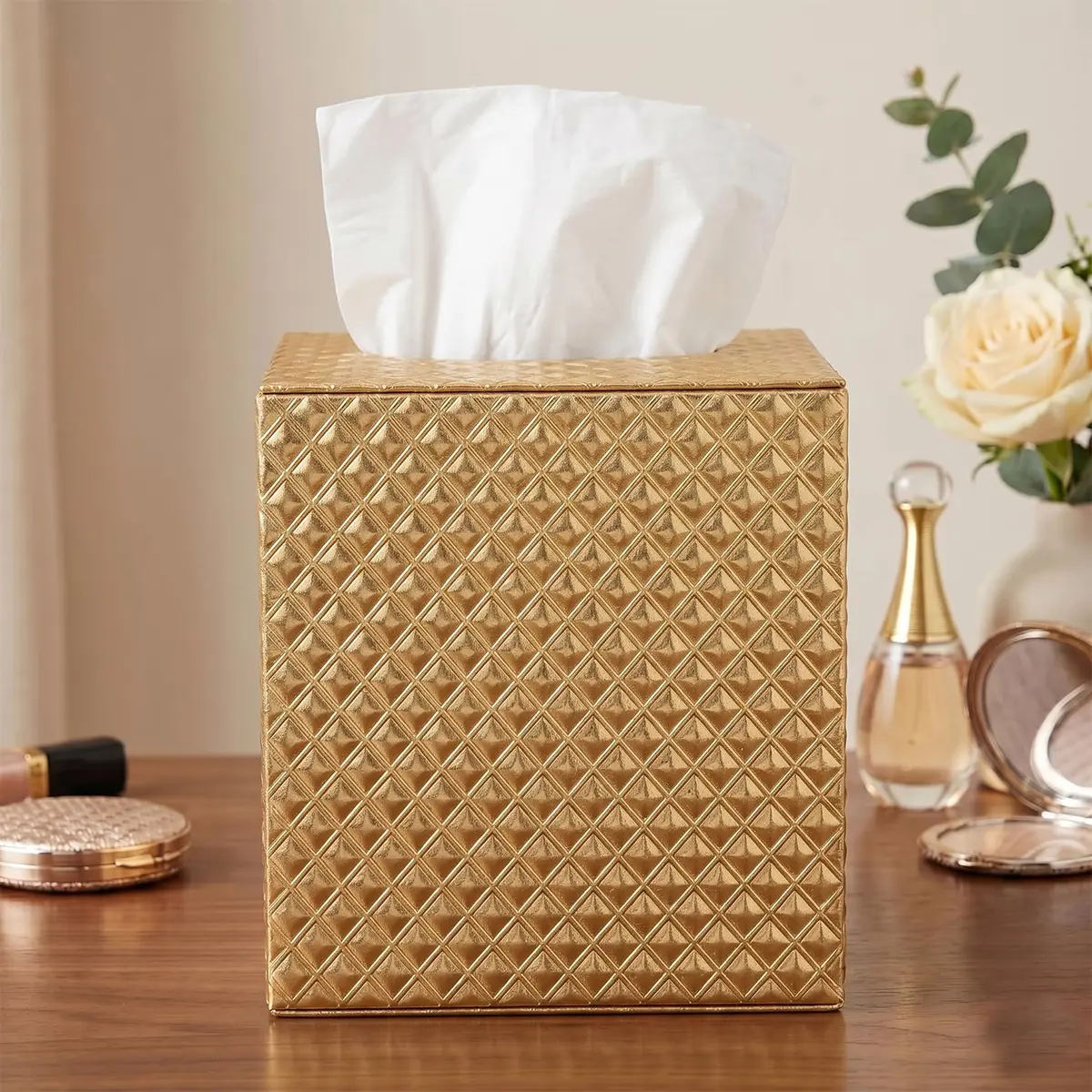SUNYUROU Gold Square Tissue Box Cover for Bathrooms & Desks | 14cm x 13.1cm x 14.3cm - view 2