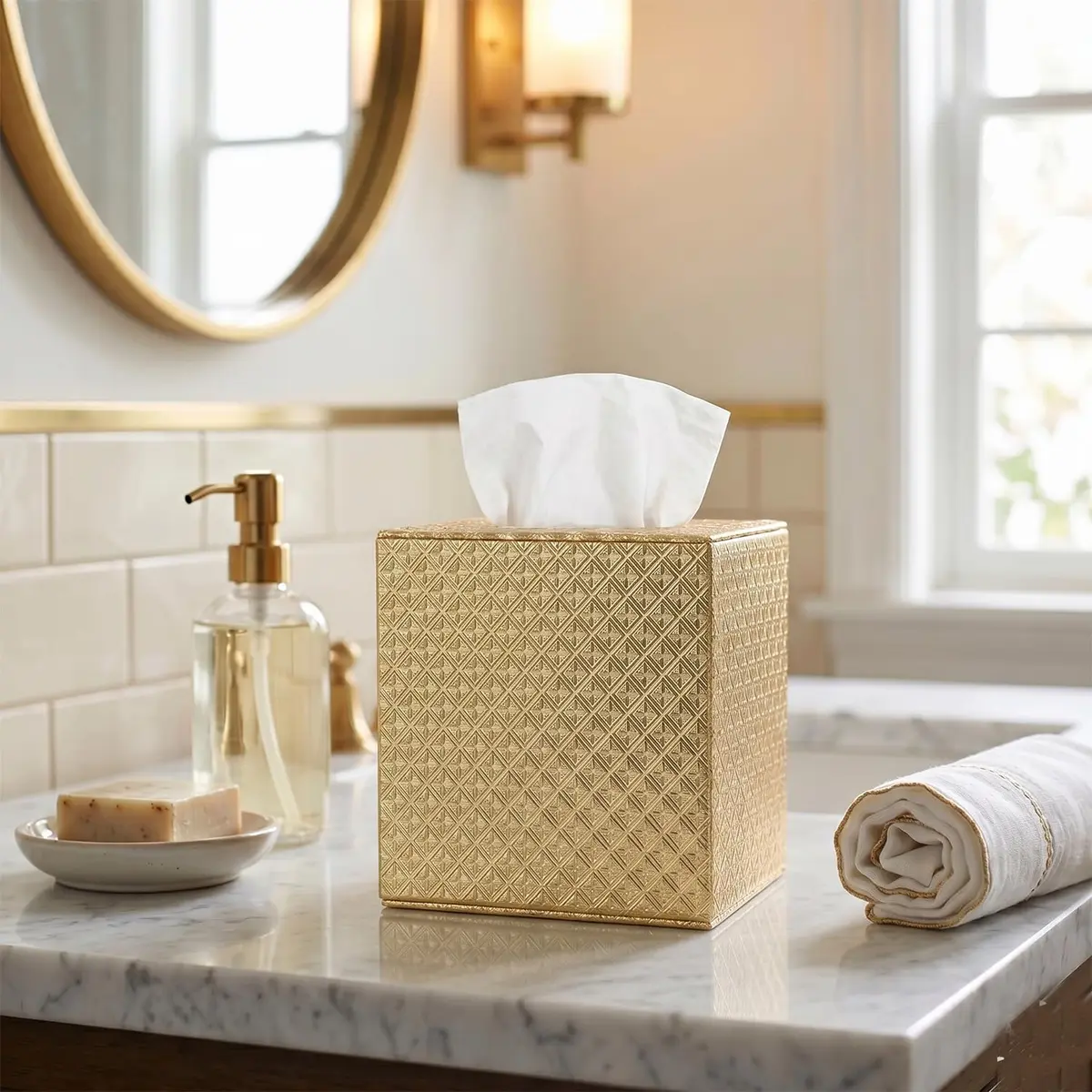 SUNYUROU Gold Square Tissue Box Cover for Bathrooms & Desks | 14cm x 13.1cm x 14.3cm - view 3