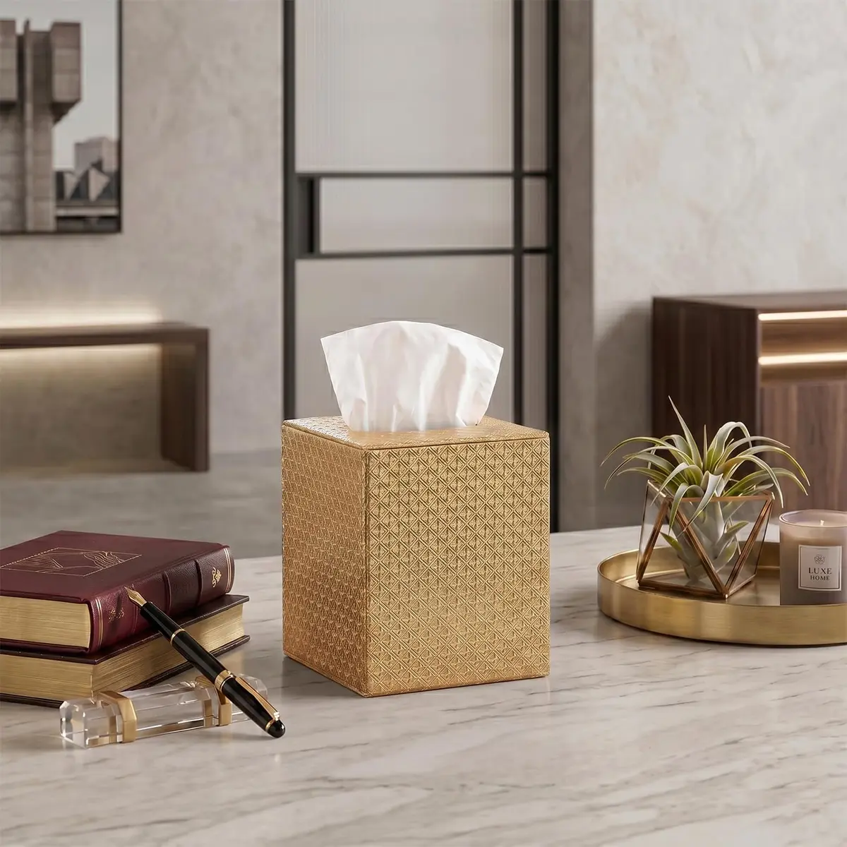 SUNYUROU Gold Square Tissue Box Cover for Bathrooms & Desks | 14cm x 13.1cm x 14.3cm - view 4