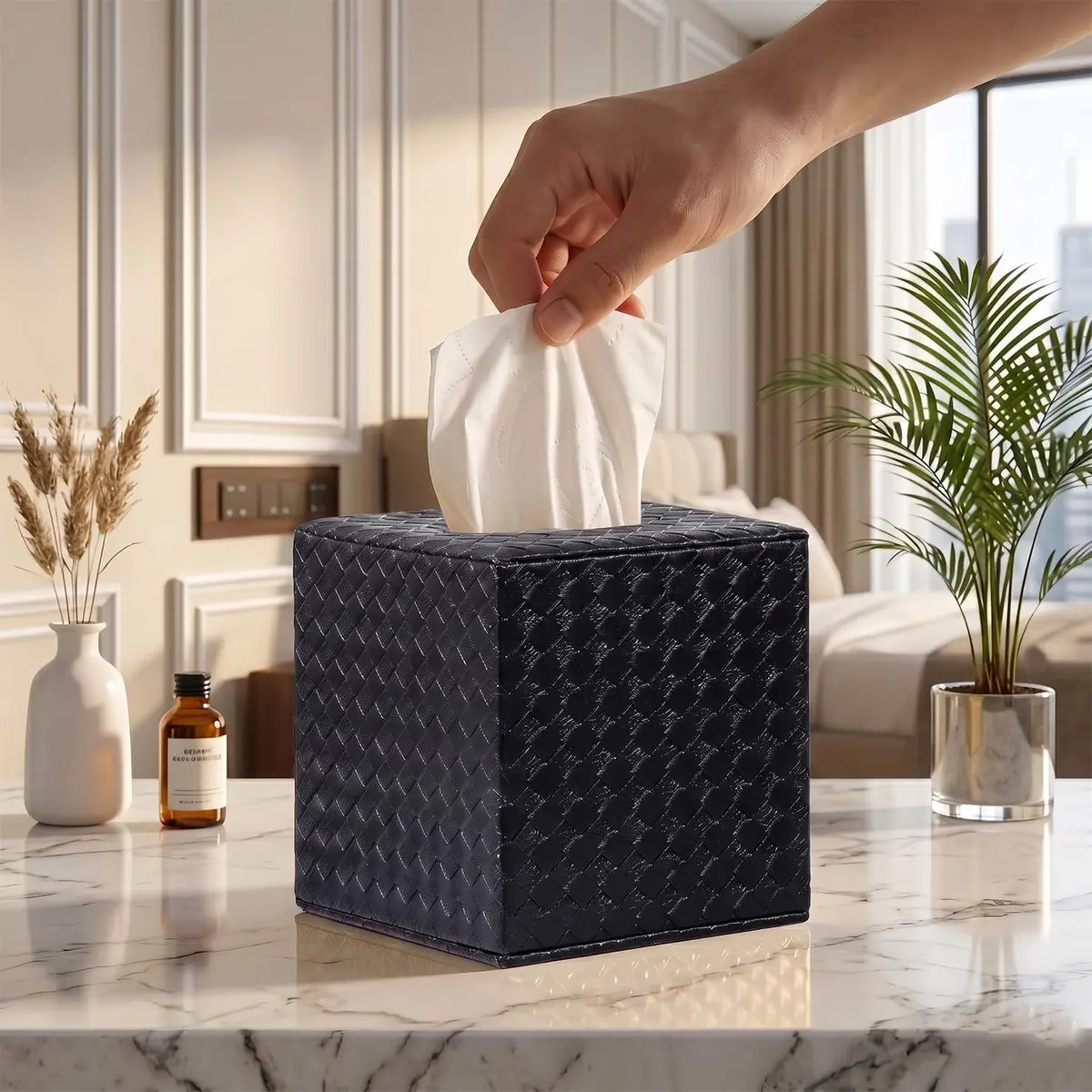 SUNYUROU Black Square Tissue Box Cover | PU Leather & Wood, Magnetic Closure - main product image
