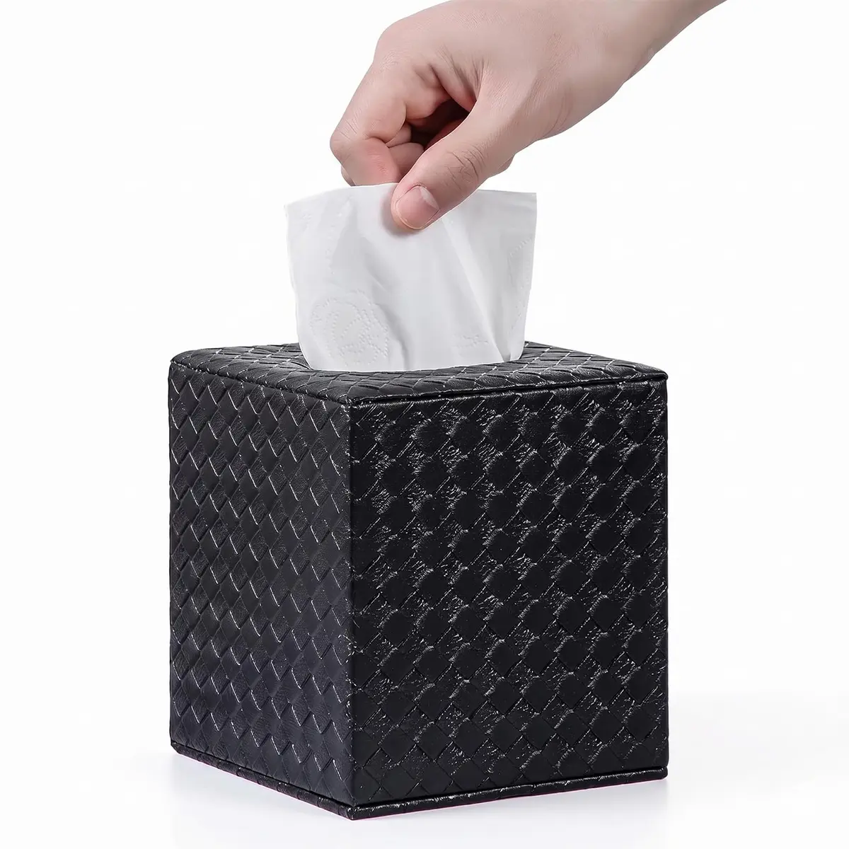SUNYUROU Black Square Tissue Box Cover | PU Leather & Wood, Magnetic Closure - view 7