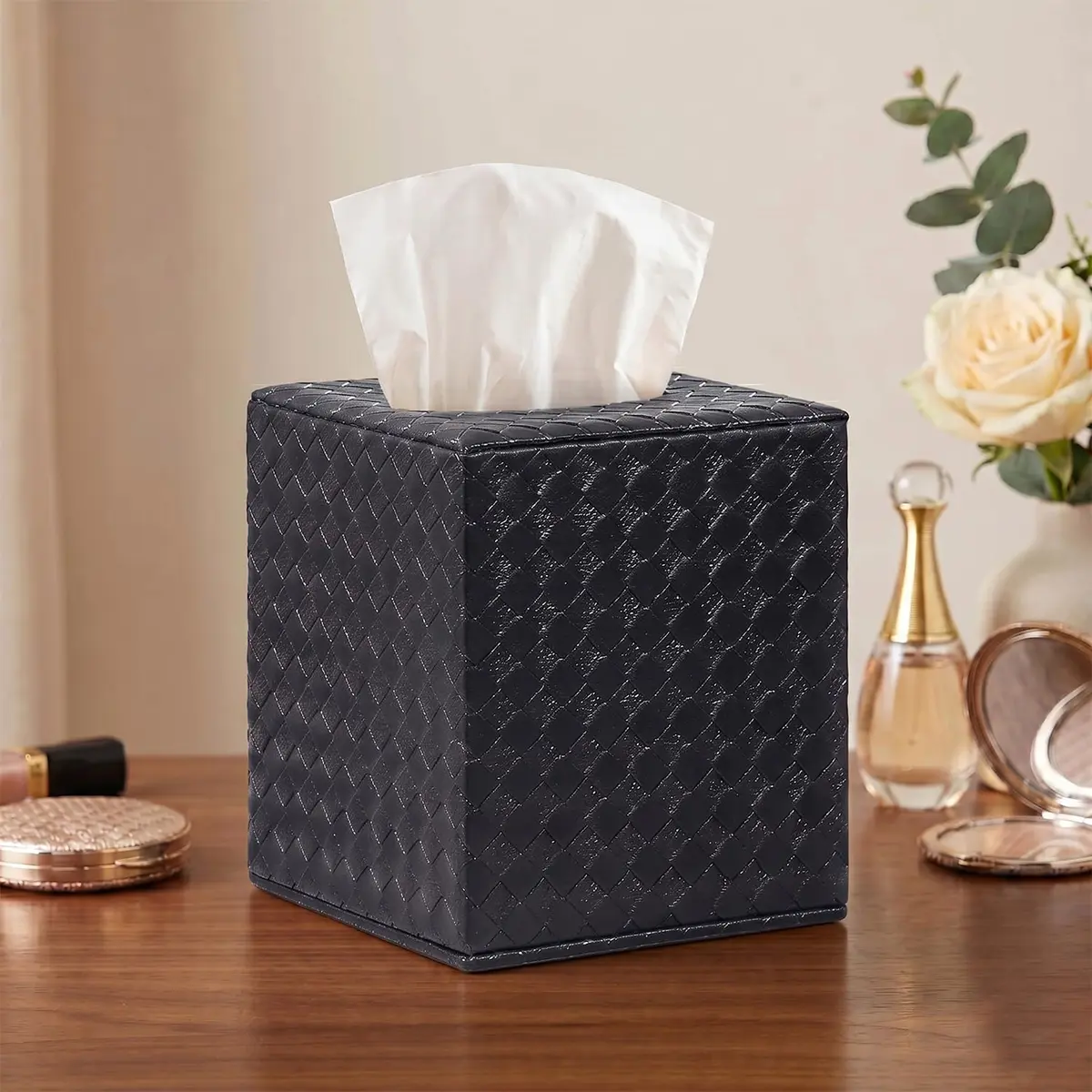 SUNYUROU Black Square Tissue Box Cover | PU Leather & Wood, Magnetic Closure - view 2