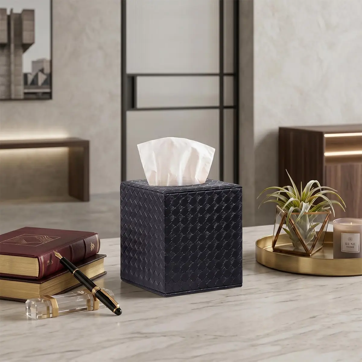 SUNYUROU Black Square Tissue Box Cover | PU Leather & Wood, Magnetic Closure - view 3