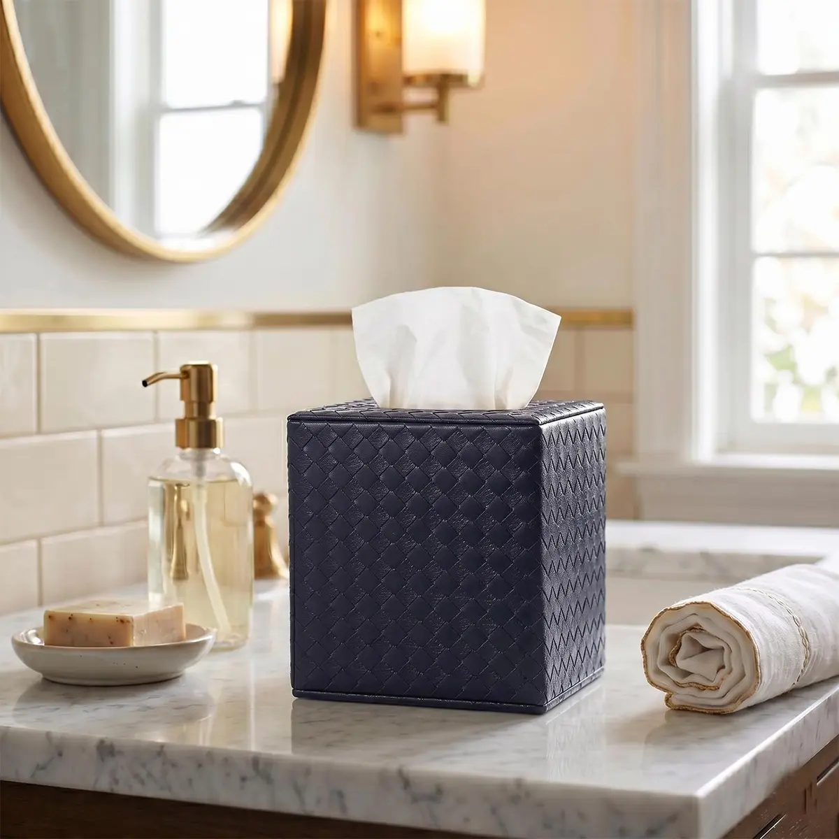 SUNYUROU Black Square Tissue Box Cover | PU Leather & Wood, Magnetic Closure - view 4