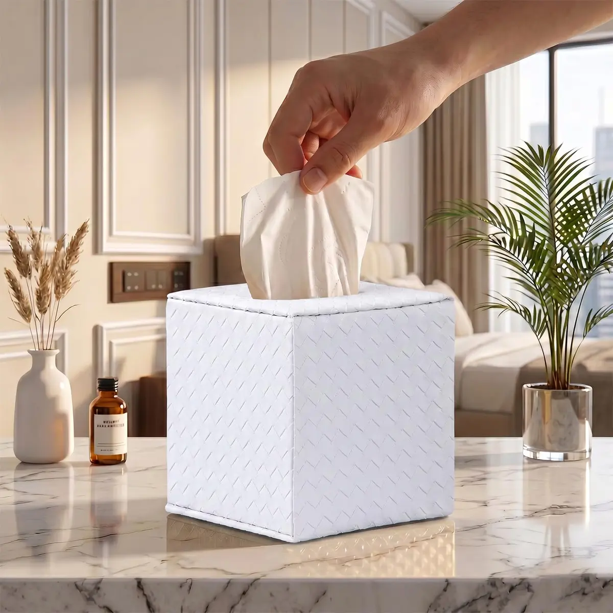 SUNYUROU White Square Tissue Box Cover | PU Leather & Solid Wood Holder for Bathroom Countertops - main product image
