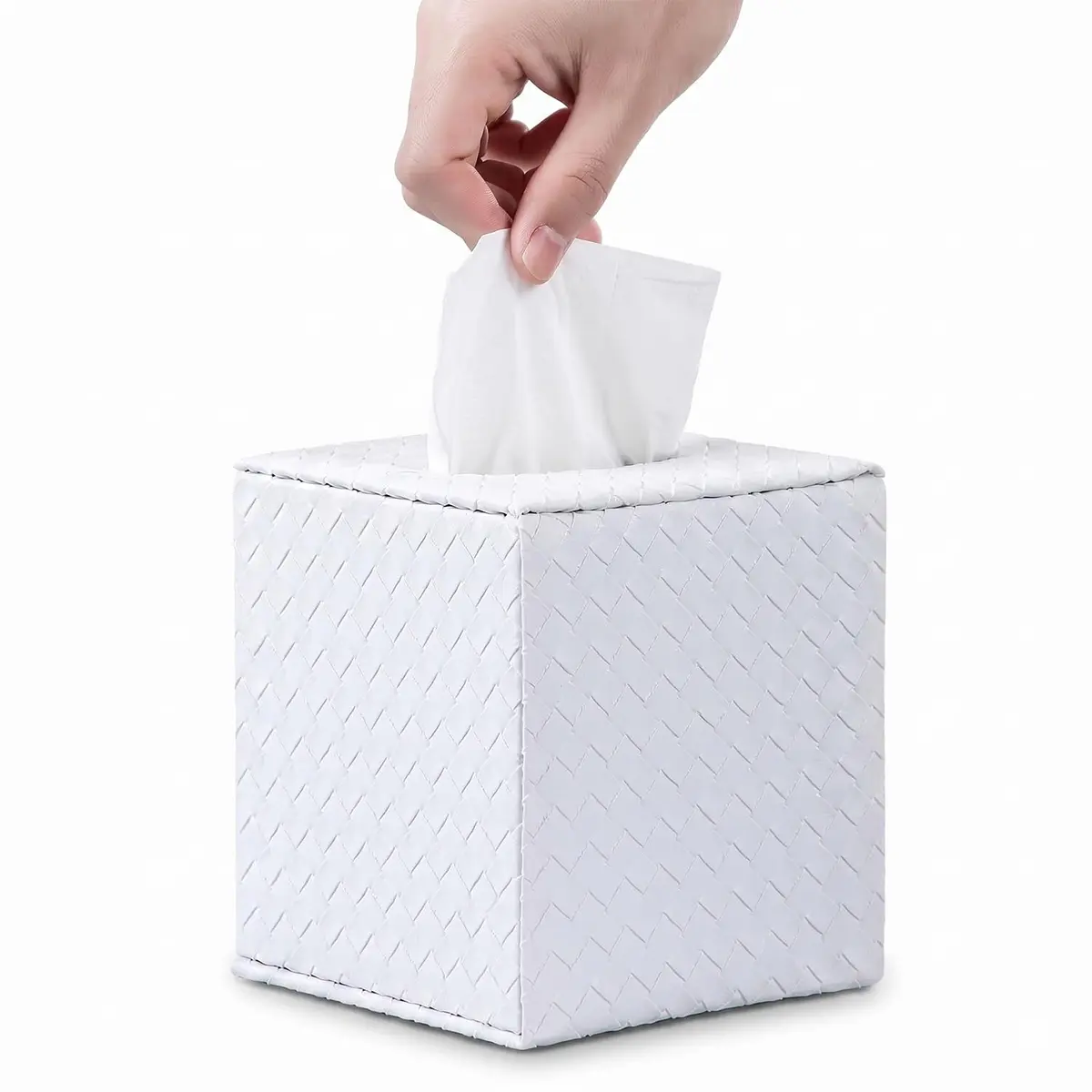 SUNYUROU White Square Tissue Box Cover | PU Leather & Solid Wood Holder for Bathroom Countertops - view 7