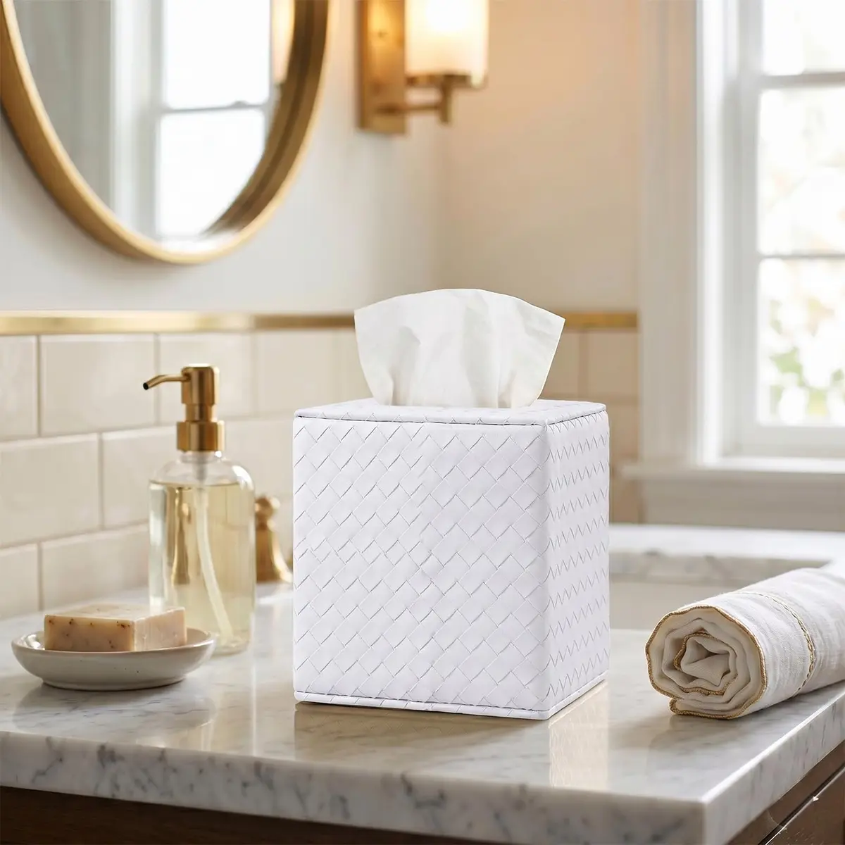 SUNYUROU White Square Tissue Box Cover | PU Leather & Solid Wood Holder for Bathroom Countertops - view 2