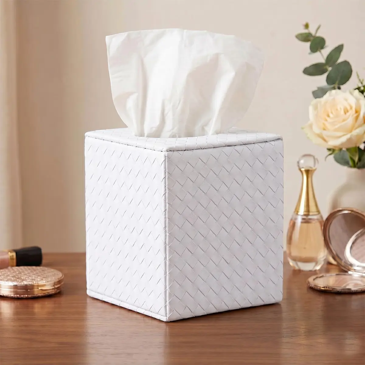 SUNYUROU White Square Tissue Box Cover | PU Leather & Solid Wood Holder for Bathroom Countertops - view 3