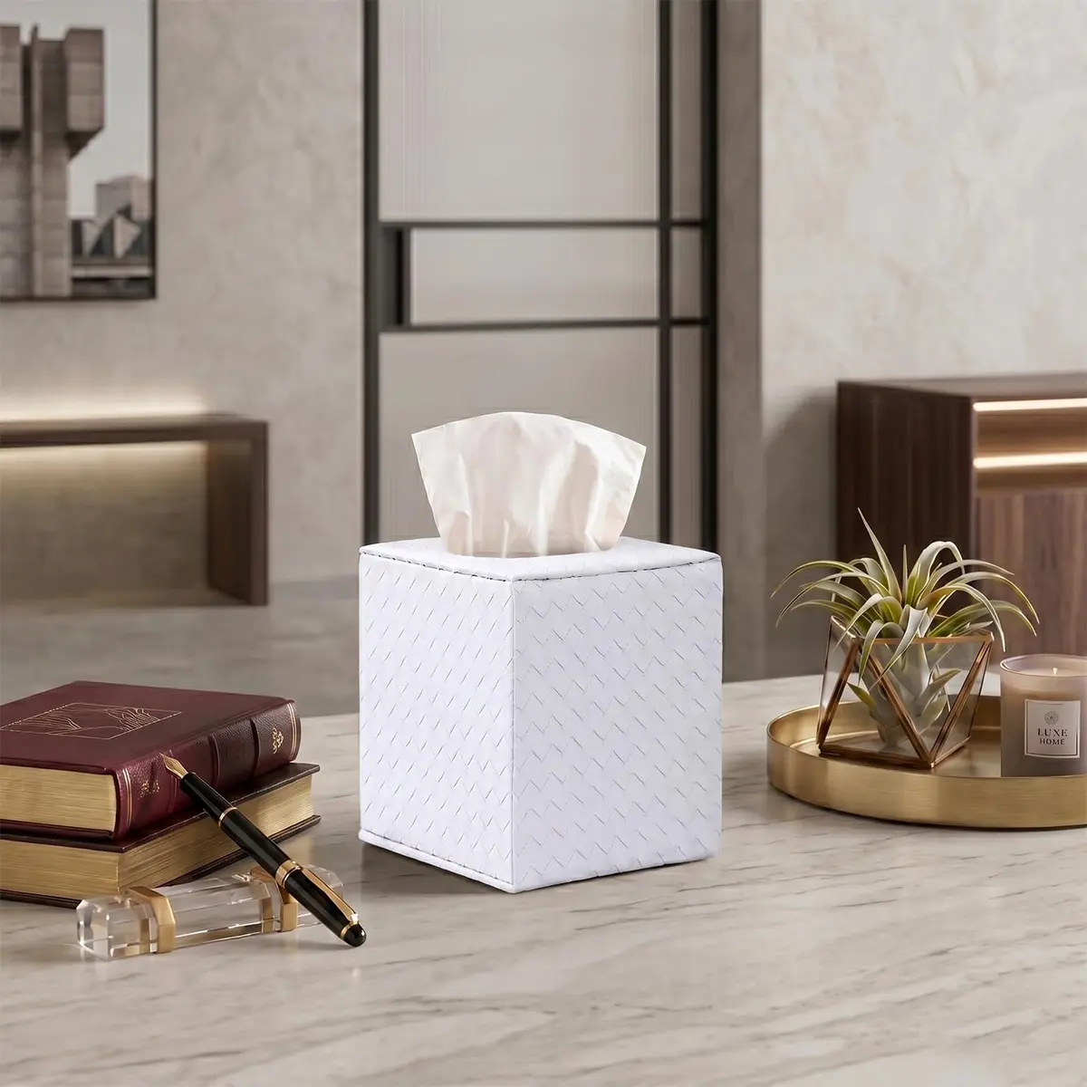 SUNYUROU White Square Tissue Box Cover | PU Leather & Solid Wood Holder for Bathroom Countertops - view 4