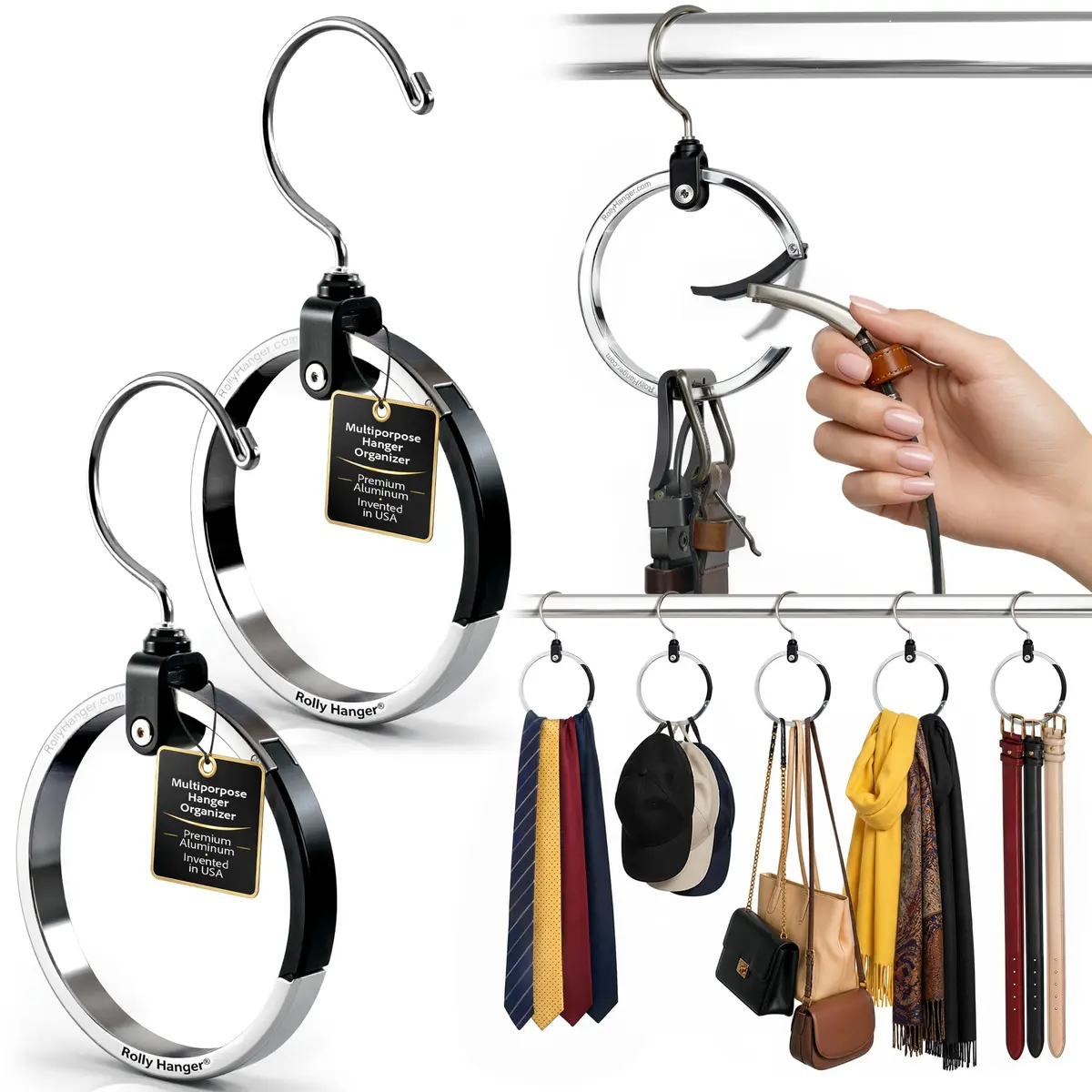 Rolly Hanger Rotating Closet Organizer, Aluminum Ring Accessory Hanger with 360° Swivel Hook & Spring Latch, Space Saving Holder for Belts, Hats, Ties, Scarves, Purses & Handbags (2 Pack) - main product image