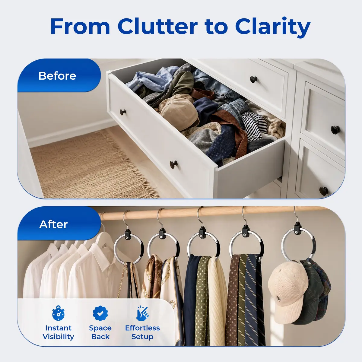 Rolly Hanger Rotating Closet Organizer, Aluminum Ring Accessory Hanger with 360° Swivel Hook & Spring Latch, Space Saving Holder for Belts, Hats, Ties, Scarves, Purses & Handbags (2 Pack) - view 5