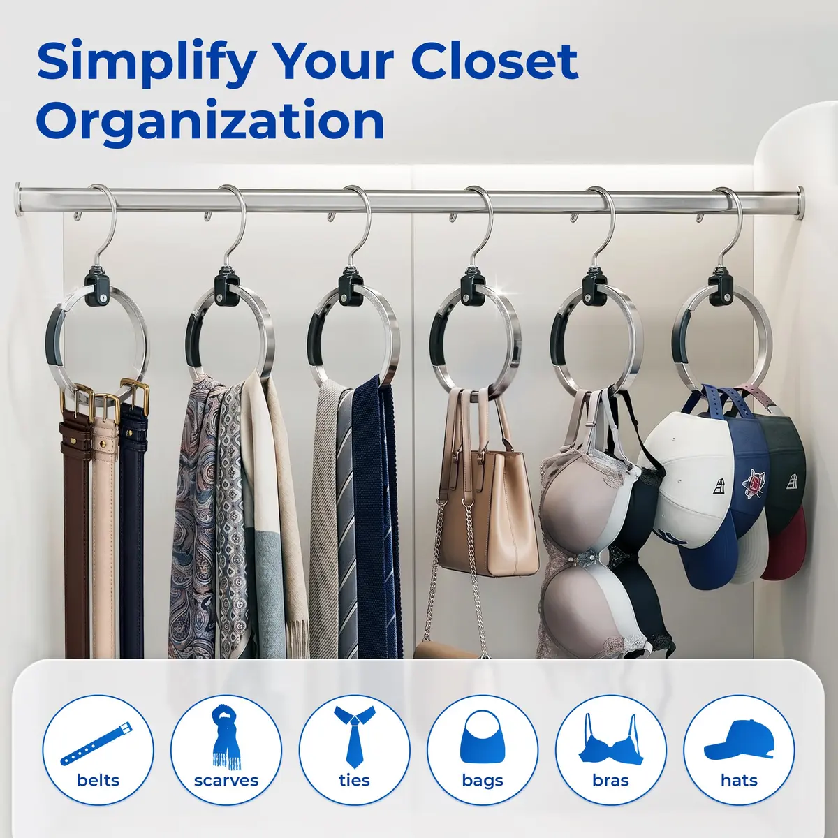 Rolly Hanger Rotating Closet Organizer, Aluminum Ring Accessory Hanger with 360° Swivel Hook & Spring Latch, Space Saving Holder for Belts, Hats, Ties, Scarves, Purses & Handbags (2 Pack) - view 6