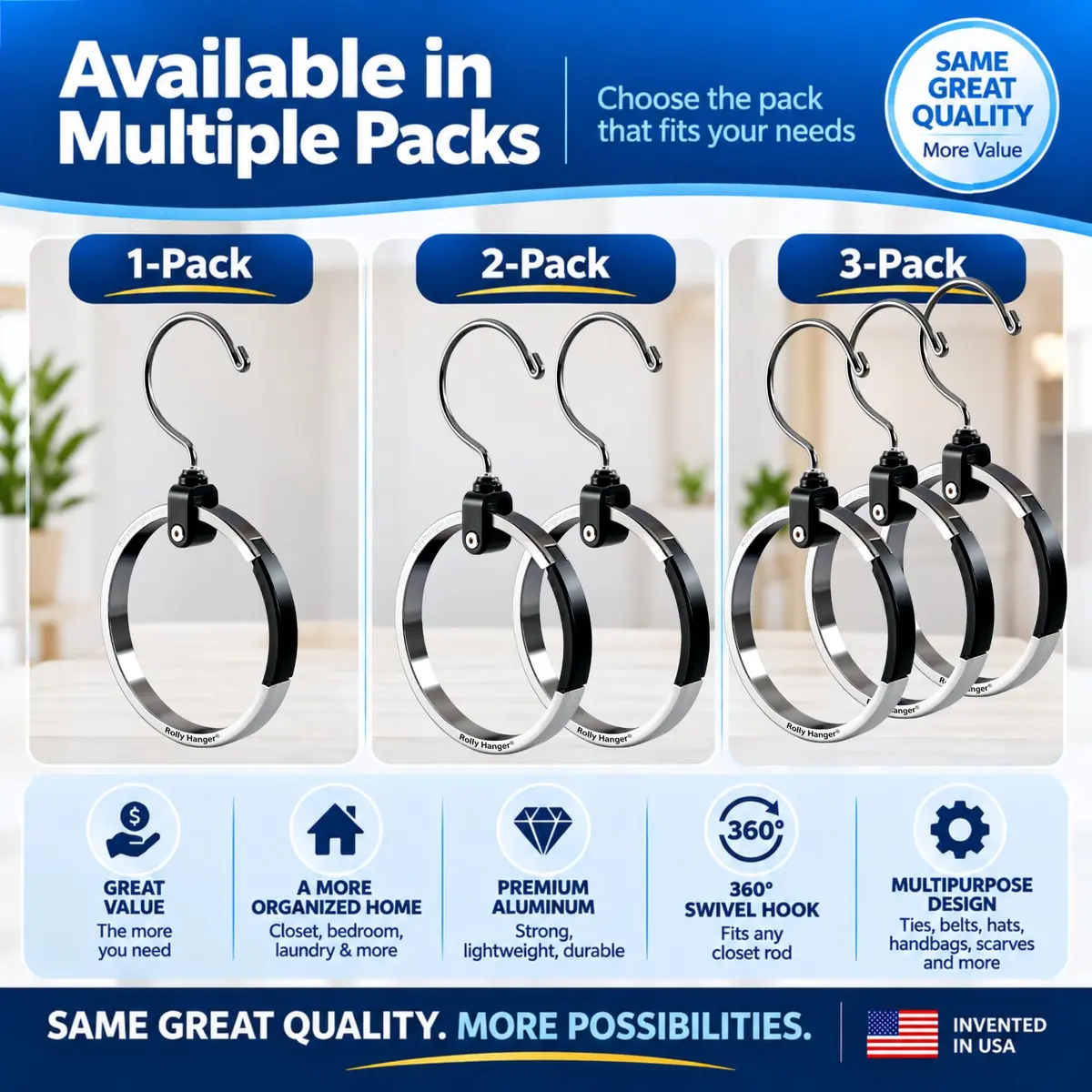 Rolly Hanger Rotating Closet Organizer, Aluminum Ring Accessory Hanger with 360° Swivel Hook & Spring Latch, Space Saving Holder for Belts, Hats, Ties, Scarves, Purses & Handbags (2 Pack) - view 9