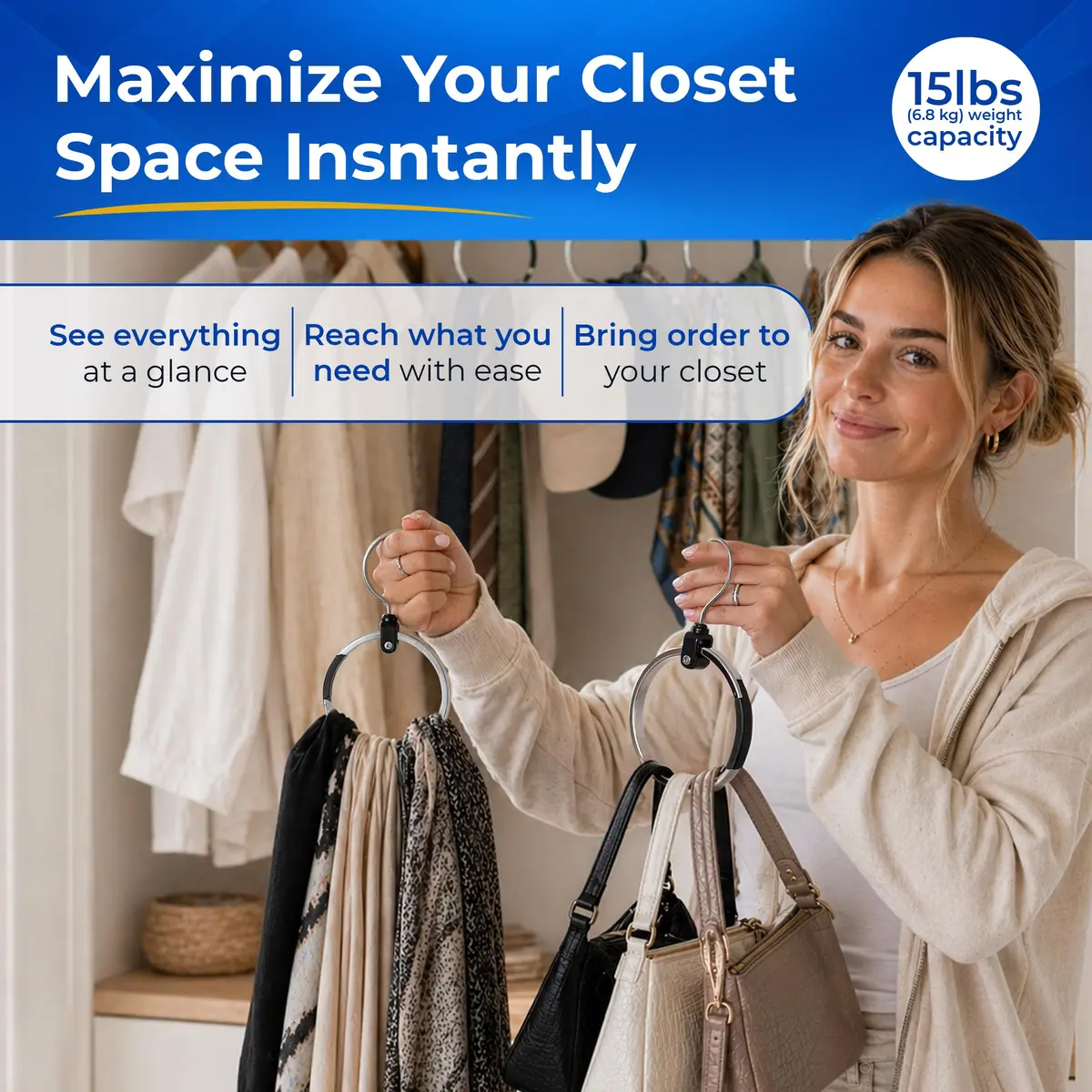 Rolly Hanger Rotating Closet Organizer, Aluminum Ring Accessory Hanger with 360° Swivel Hook & Spring Latch, Space Saving Holder for Belts, Hats, Ties, Scarves, Purses & Handbags (2 Pack) - view 2