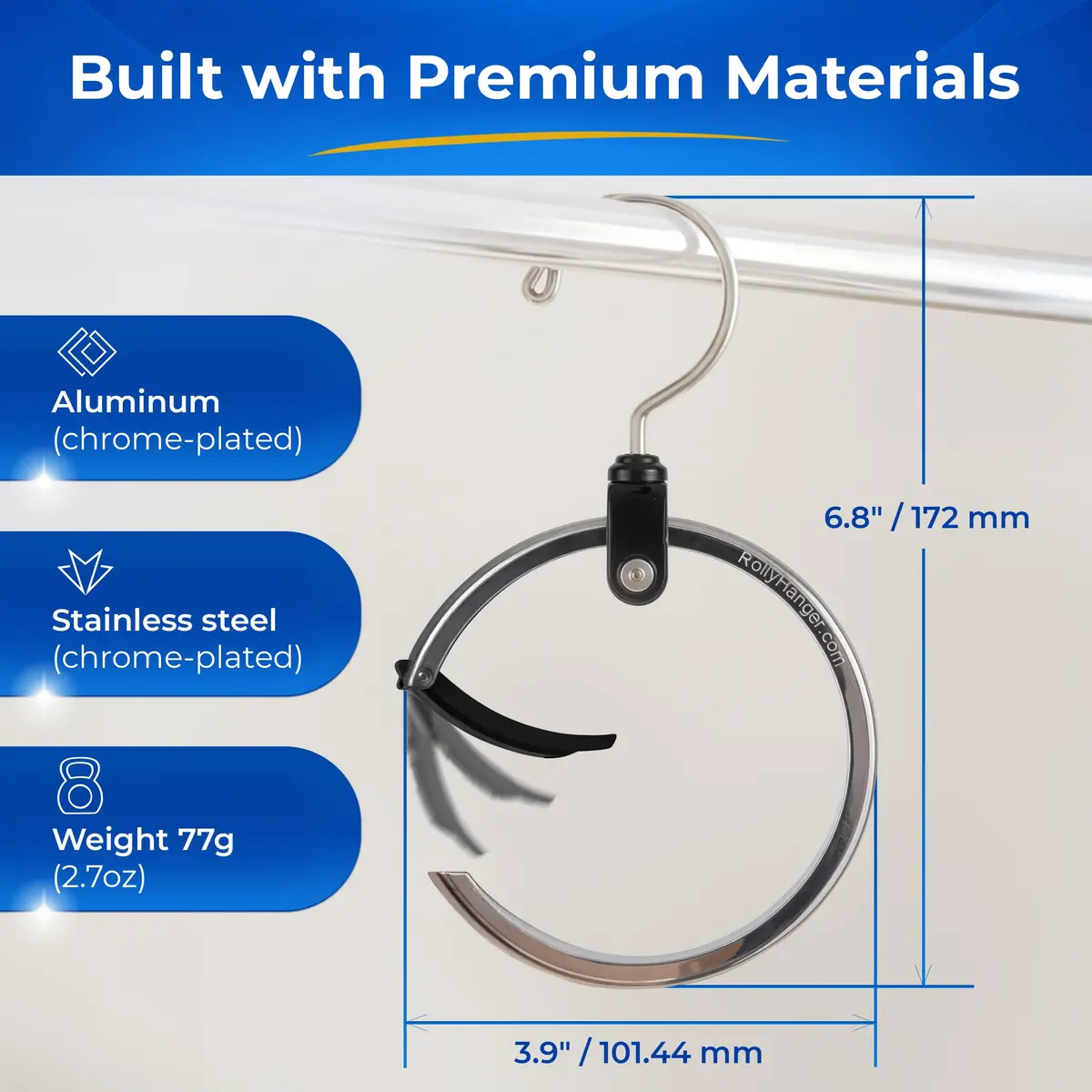 Rolly Hanger Rotating Closet Organizer, Aluminum Ring Accessory Hanger with 360° Swivel Hook & Spring Latch, Space Saving Holder for Belts, Hats, Ties, Scarves, Purses & Handbags (2 Pack) - view 3