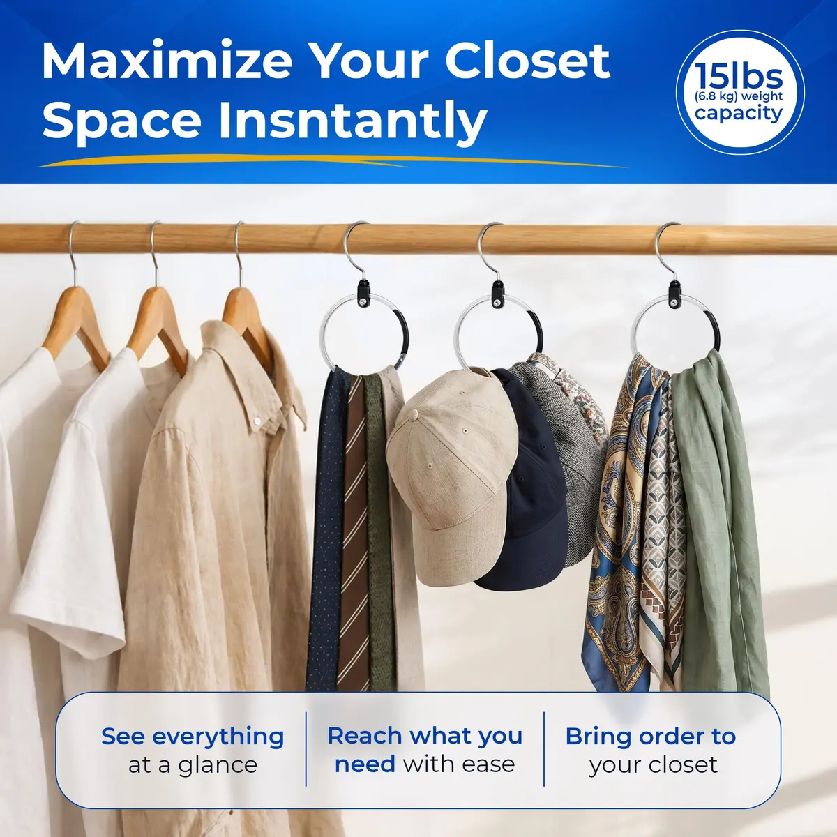Rolly Hanger Rotating Closet Organizer, Aluminum Ring Accessory Hanger with 360° Swivel Hook & Spring Latch, Space Saving Holder for Belts, Hats, Ties, Scarves, Purses & Handbags (2 Pack) - view 4
