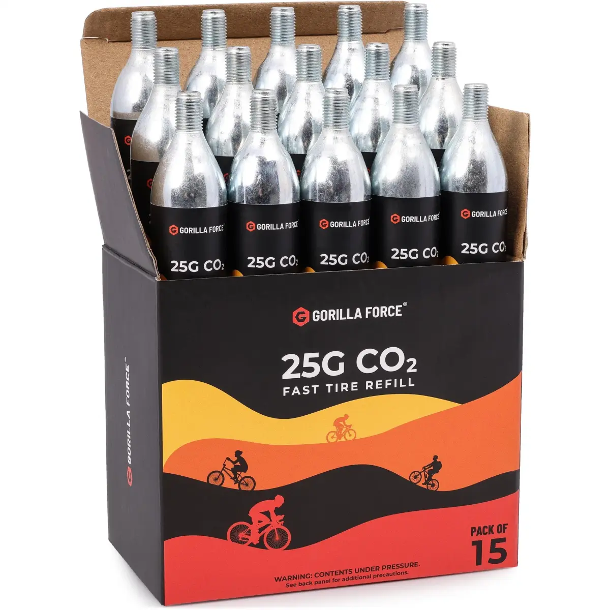 Gorilla Force 25g CO2 Cartridges (15 Pack) | Universal Bike Tire Inflator Refills - main product image