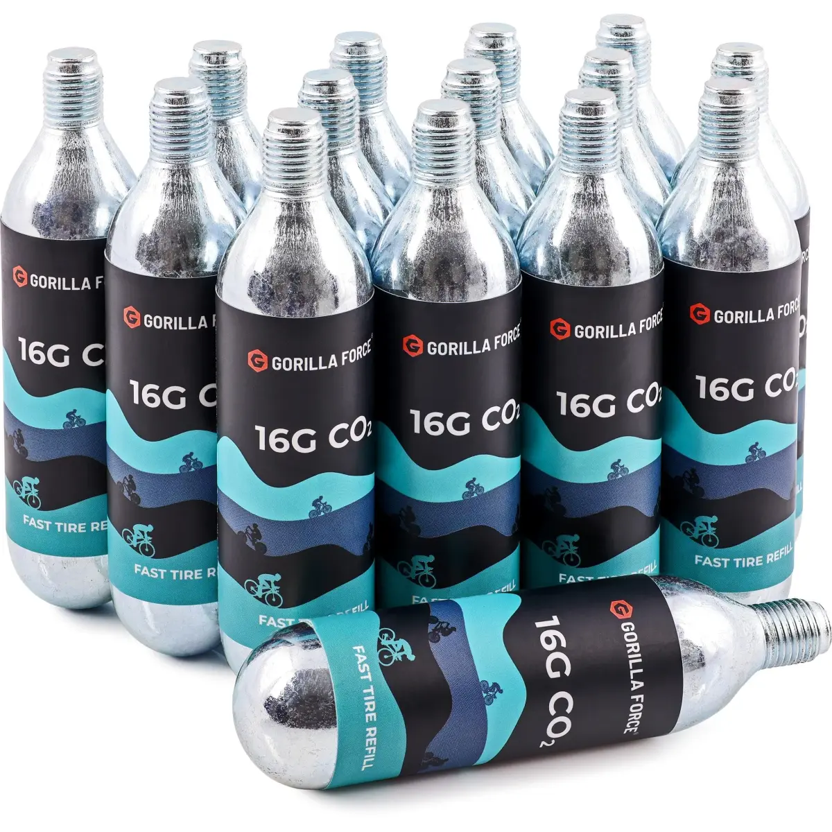 Gorilla Force 16g CO2 Cartridges for Bikes - Threaded Refills for Tire Inflators, Bicycle Cycling, Road MTB Gravel E-Bike, Fits Most C02 Inflator Heads, Fast Flat Repair for Tubes & Tubeless, 15 Pack - main product image