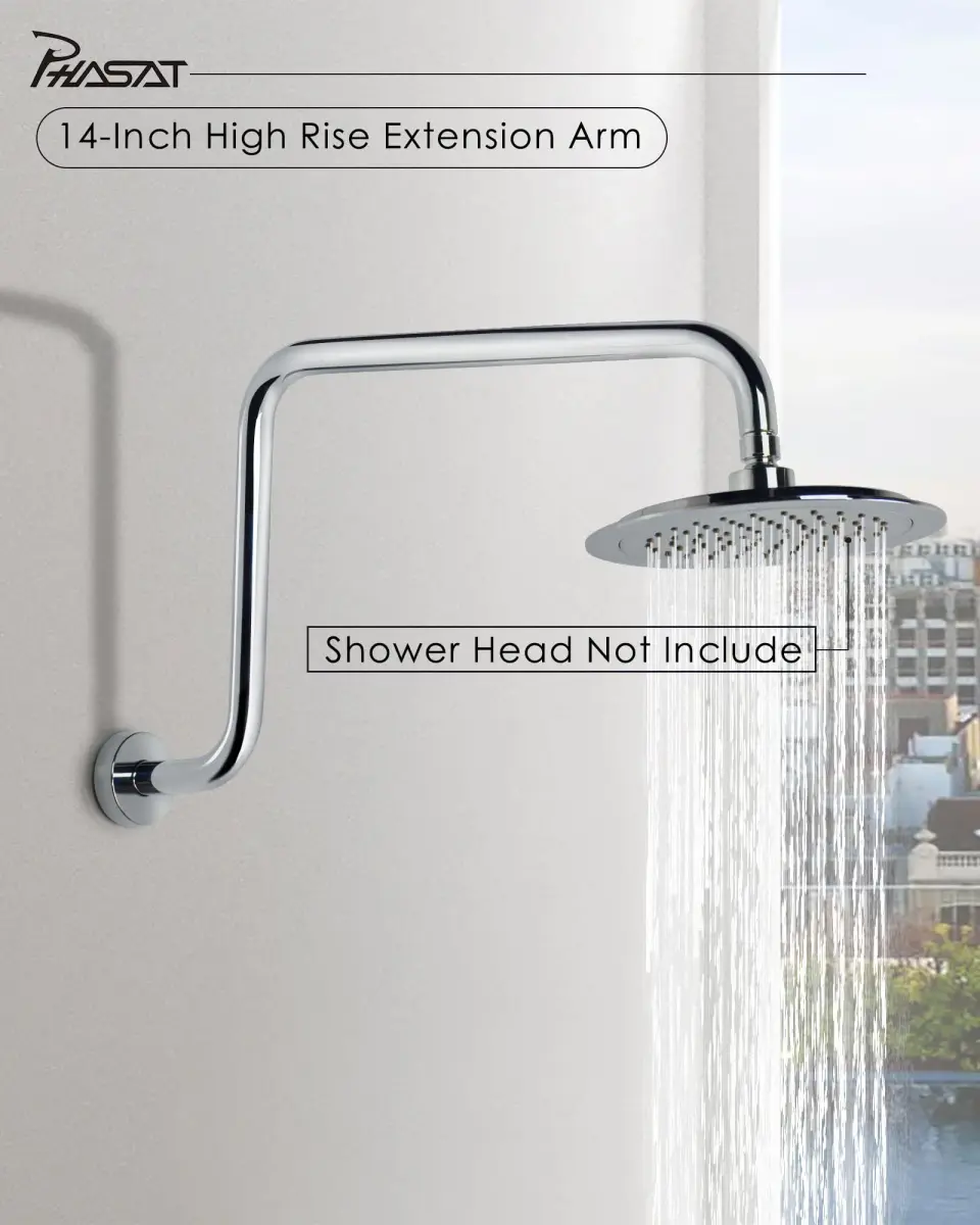 PHASAT S-Shaped Shower Arm 41cm (16.65") with Flange | High Rise Chrome Extension for Rainfall Shower Heads - view 2