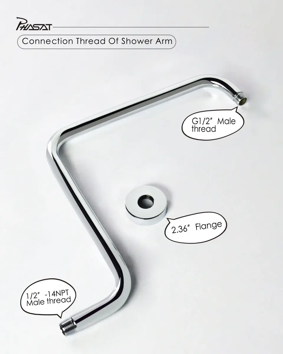 PHASAT S-Shaped Shower Arm 41cm (16.65") with Flange | High Rise Chrome Extension for Rainfall Shower Heads - view 4