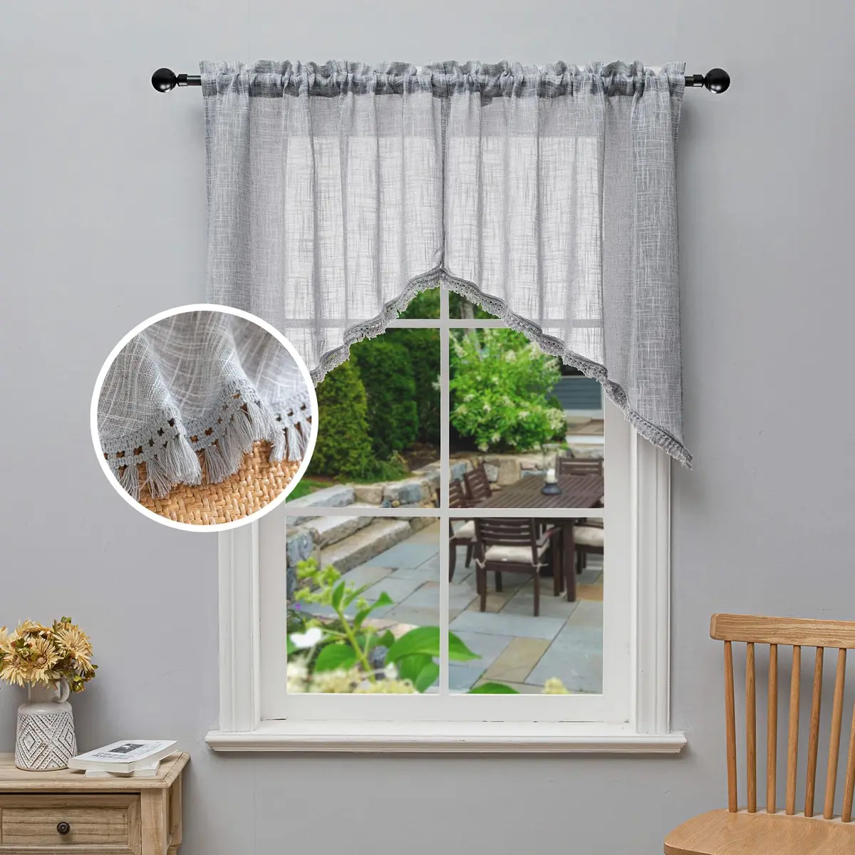 BD BEDA HOME Tassel Linen Textured Swag Curtain Valance, Grey, 36 x 36 in | Light-filtering, airy linen blend for home decor - main product image