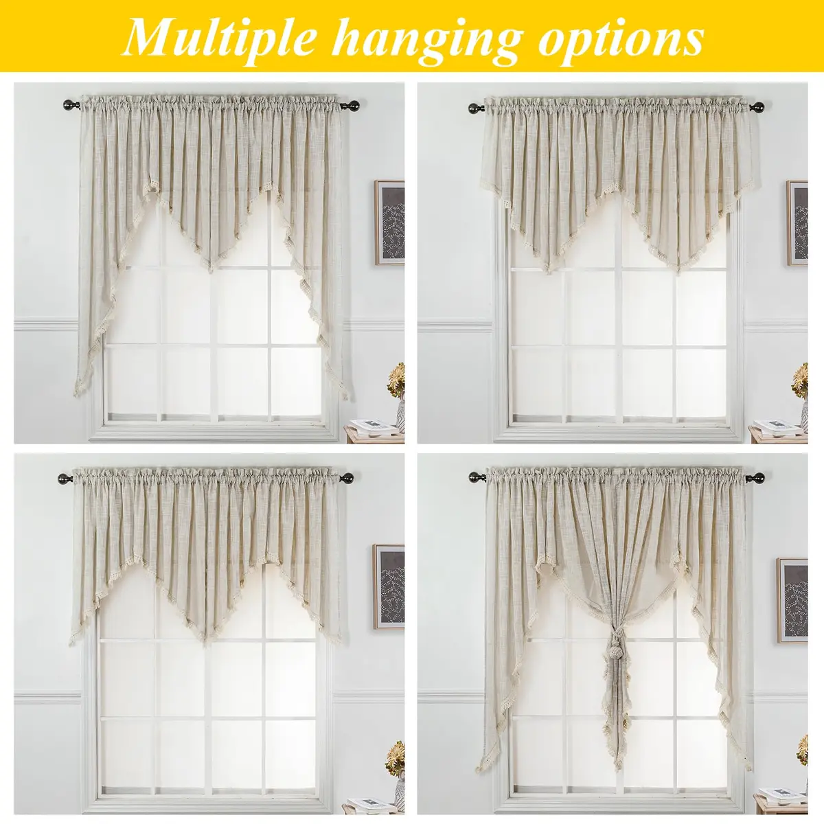 BD BEDA HOME Tassel Linen Textured Swag Curtain Valance, Grey, 36 x 36 in | Light-filtering, airy linen blend for home decor - view 5