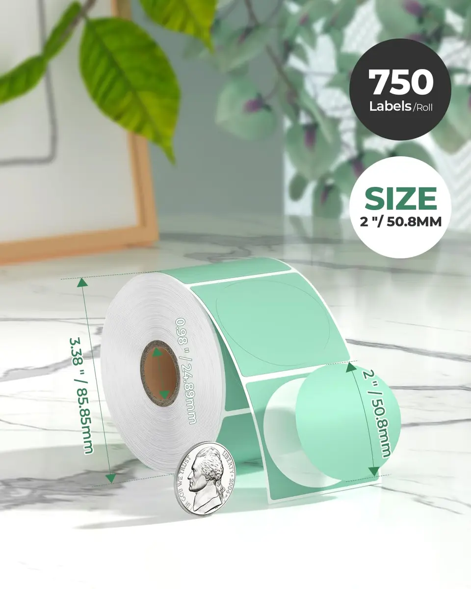 MUNBYN 2 Inch Green Circle Thermal Sticker Labels 750 Labels/Roll | Direct Thermal Labels for Clear Printing - view 2