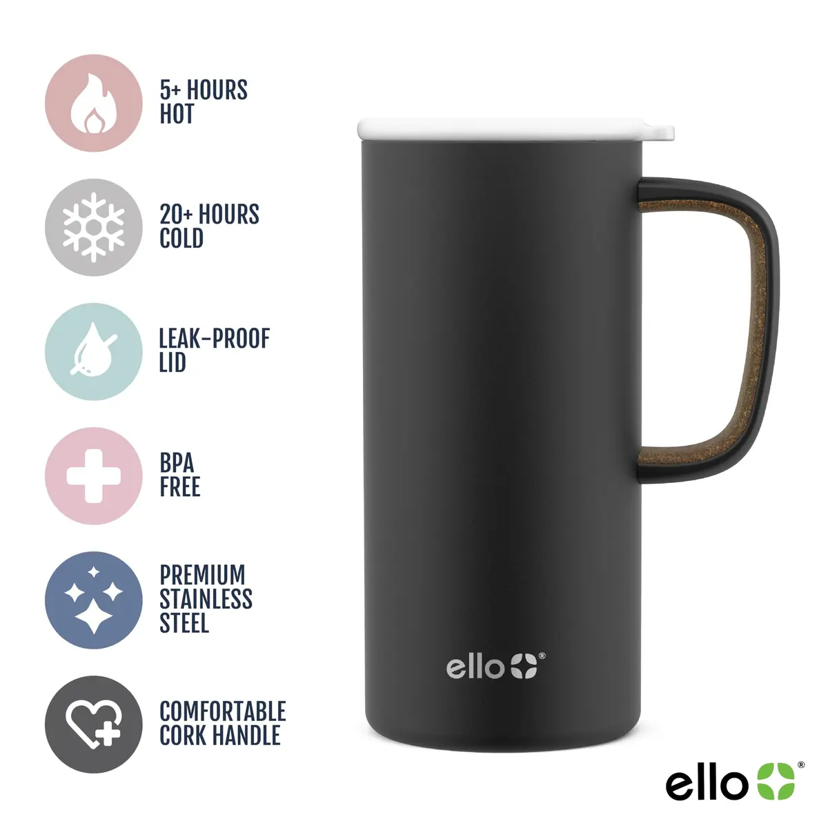 Ello Campy 18oz Insulated Stainless Steel Travel Mug with Handle, Black | Leakproof, Keeps Hot 5h & Cold 20h - view 2
