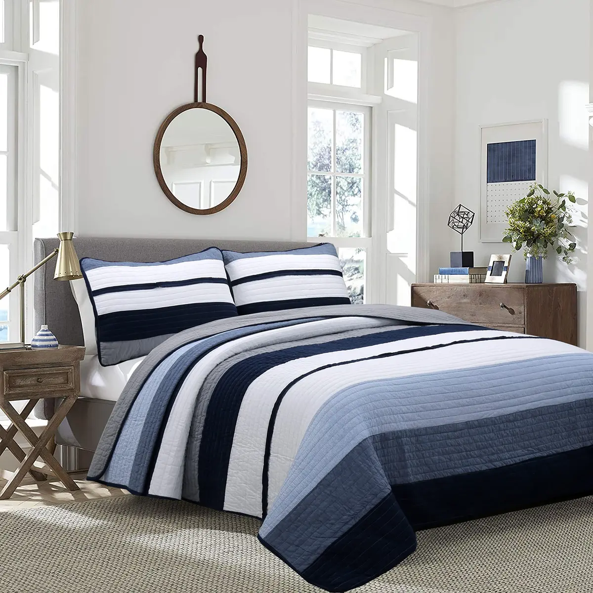 Cozy Line Home Fashions Tranquil Blue Gray Striped Boy 100% Cotton Reversible Quilt Bedding Set, Twin - All-Season (70-120c) - main product image