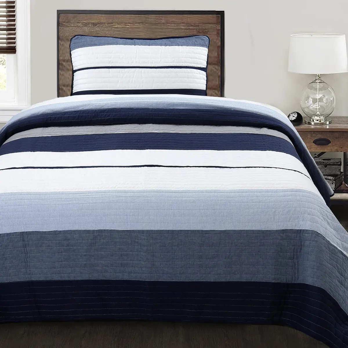Cozy Line Home Fashions Tranquil Blue Gray Striped Boy 100% Cotton Reversible Quilt Bedding Set, Twin - All-Season (70-120c) - view 2