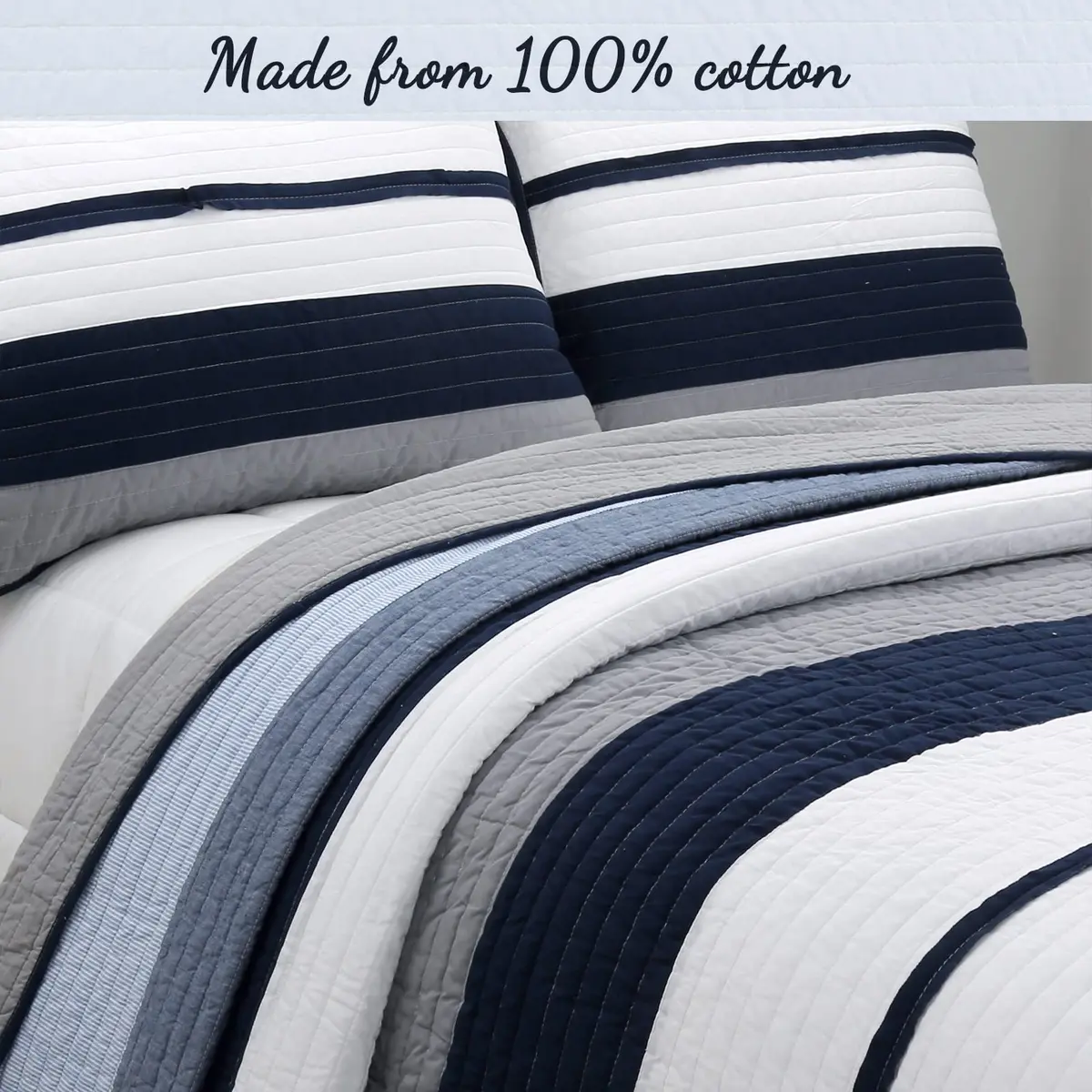 Cozy Line Home Fashions Tranquil Blue Gray Striped Boy 100% Cotton Reversible Quilt Bedding Set, Twin - All-Season (70-120c) - view 3