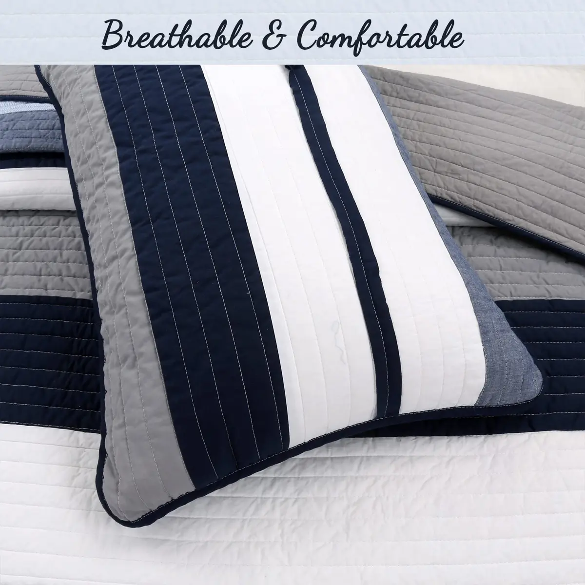 Cozy Line Home Fashions Tranquil Blue Gray Striped Boy 100% Cotton Reversible Quilt Bedding Set, Twin - All-Season (70-120c) - view 4