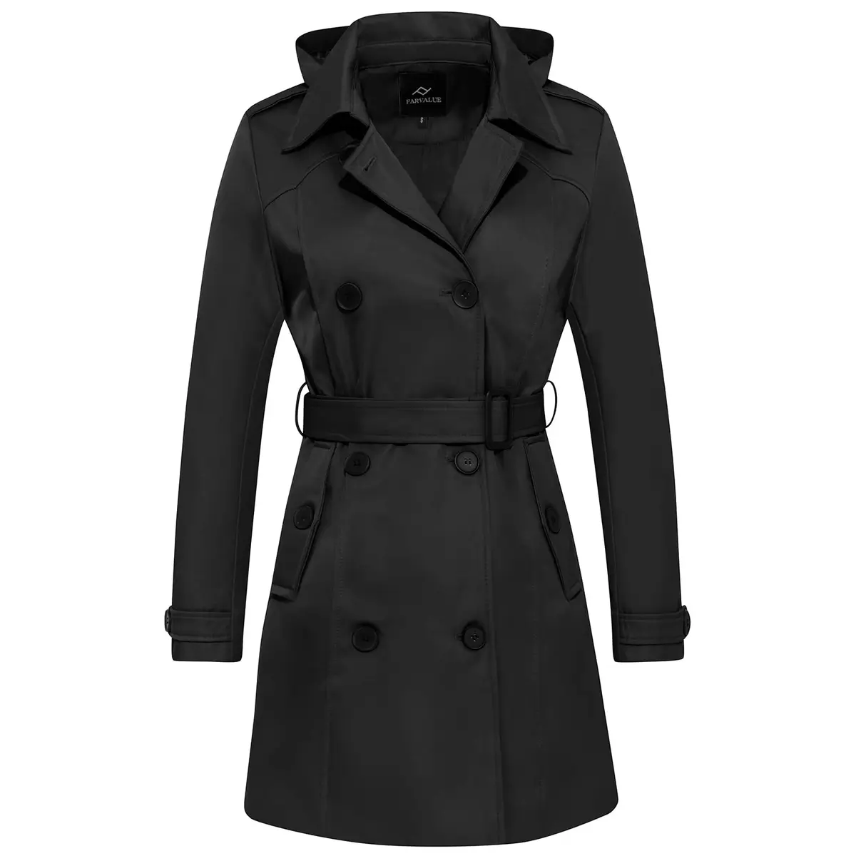 FARVALUE Women's Waterproof Trench Coat Double Breasted Windbreaker Large | Classic Belted Overcoat with Removable Hood - main product image