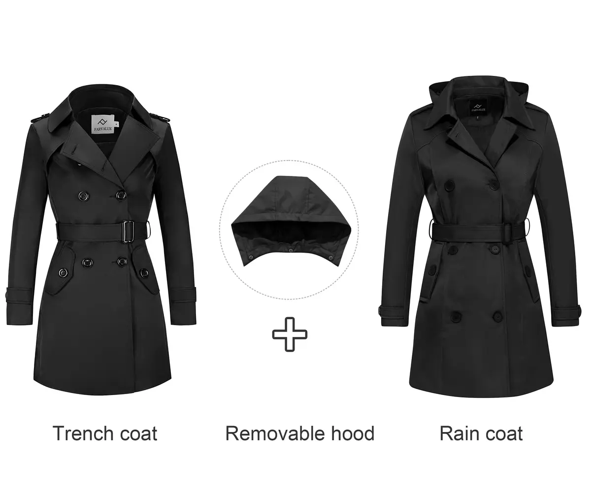 FARVALUE Women's Waterproof Trench Coat Double Breasted Windbreaker Large | Classic Belted Overcoat with Removable Hood - view 3