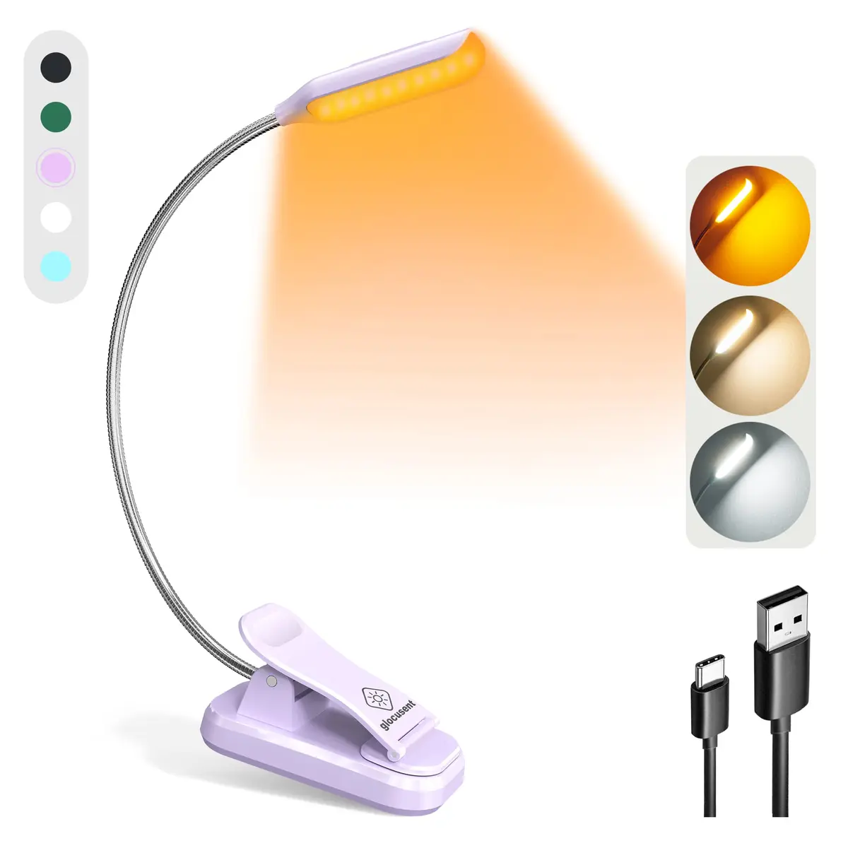 Glocusent Willow Book Light for Reading in Bed, 10 LED Bright Reading Light, 6.7cm (2.6in) Purple - main product image
