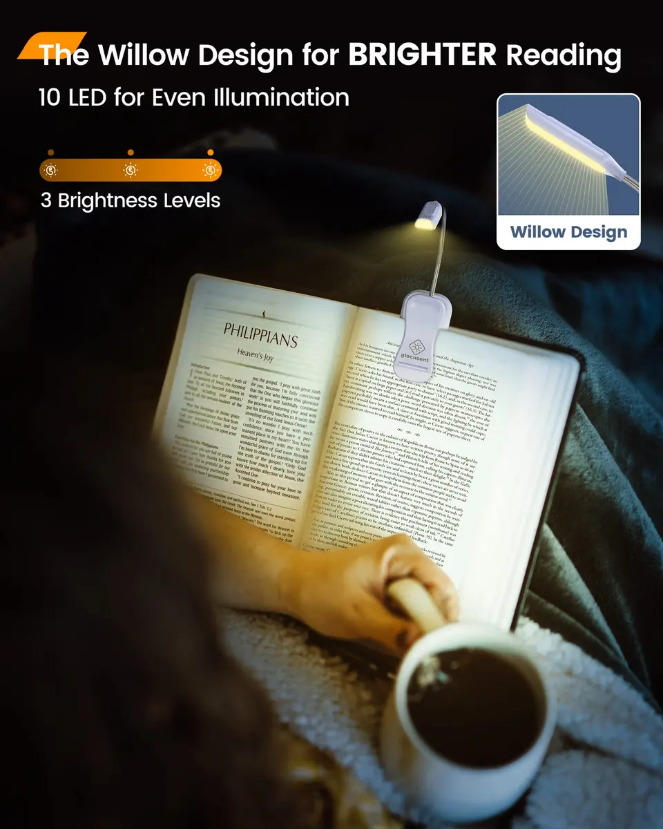 Glocusent Willow Book Light for Reading in Bed, 10 LED Bright Reading Light, 6.7cm (2.6in) Purple - view 2