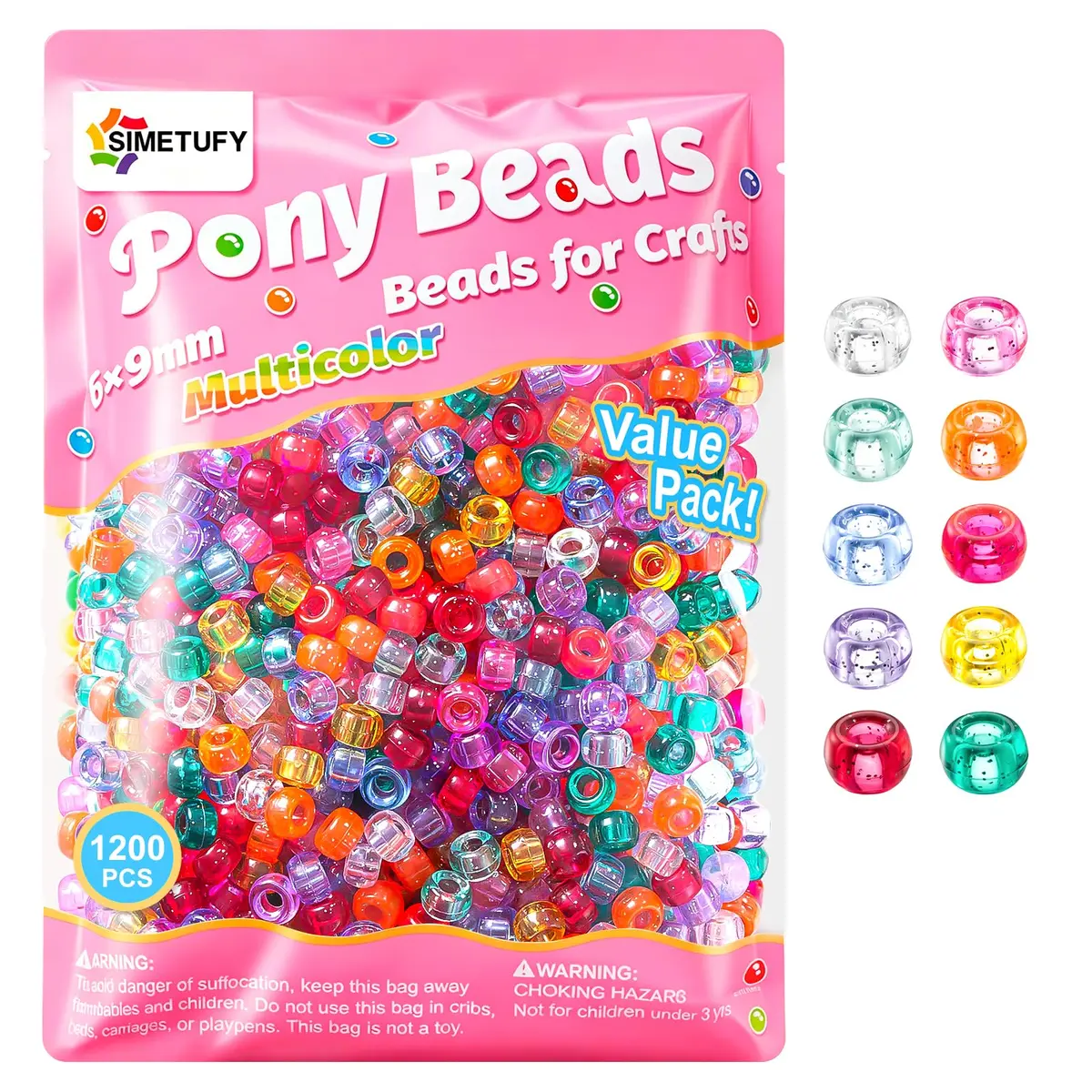 Simetufy 1200 pcs Pony Beads 6x9mm Glitter Clear Plastic Beads Transparent | DIY Craft Supplies for Kids & Adults - main product image