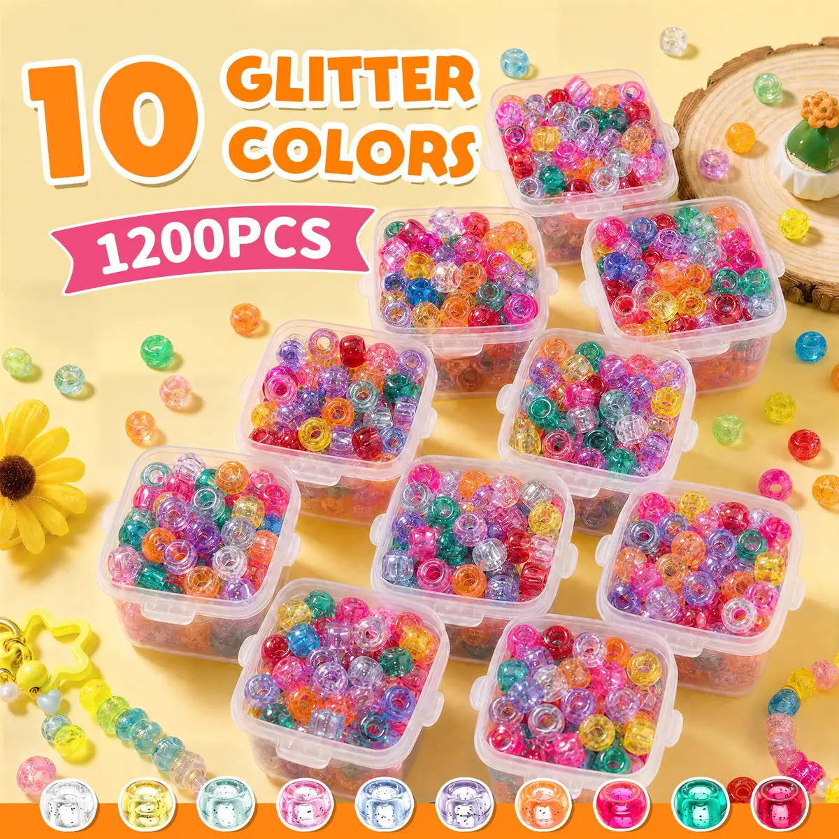 Simetufy 1200 pcs Pony Beads 6x9mm Glitter Clear Plastic Beads Transparent | DIY Craft Supplies for Kids & Adults - view 3