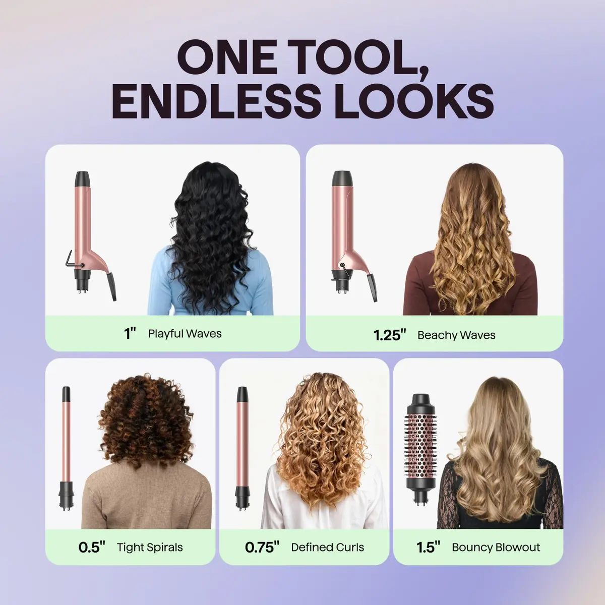 wavytalk 5 in 1 Curling Iron Set with Heated Round Brush | 0.5-1.25 inch Ceramic Barrels for Glamorous Styles - view 2