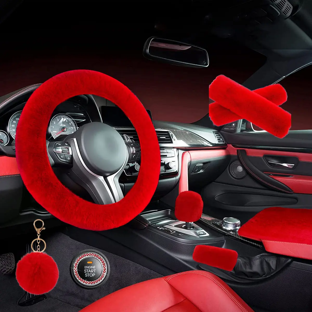 ZYNQACC Fluffy Steering Wheel Cover Set | Warm Soft Fuzzy Car Accessories for Women/Girls (15 Inch, Red) - main product image