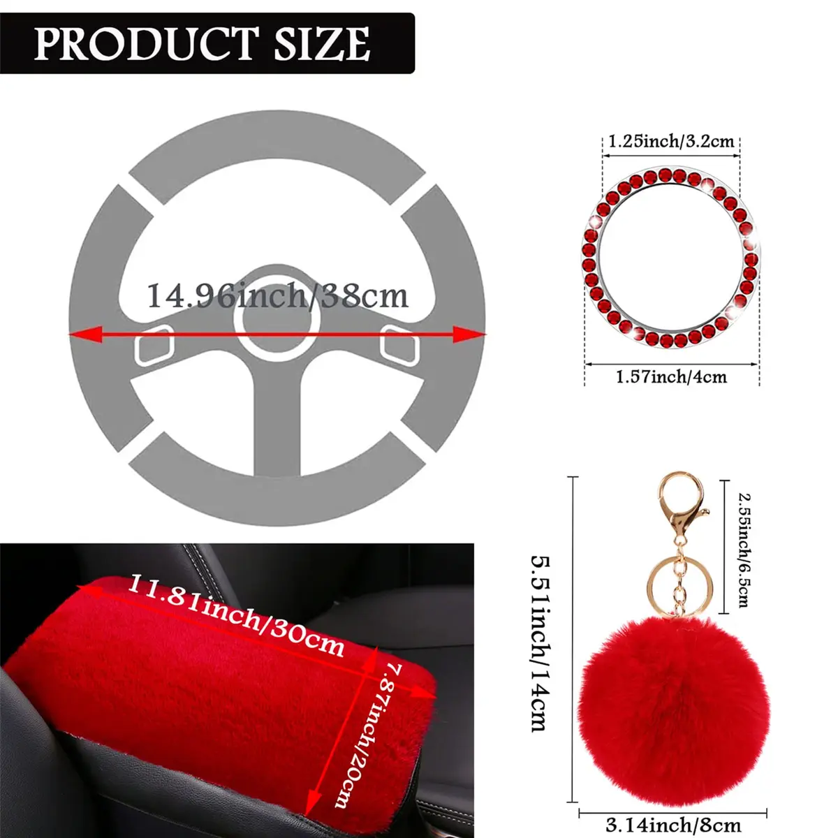 ZYNQACC Fluffy Steering Wheel Cover Set | Warm Soft Fuzzy Car Accessories for Women/Girls (15 Inch, Red) - view 5