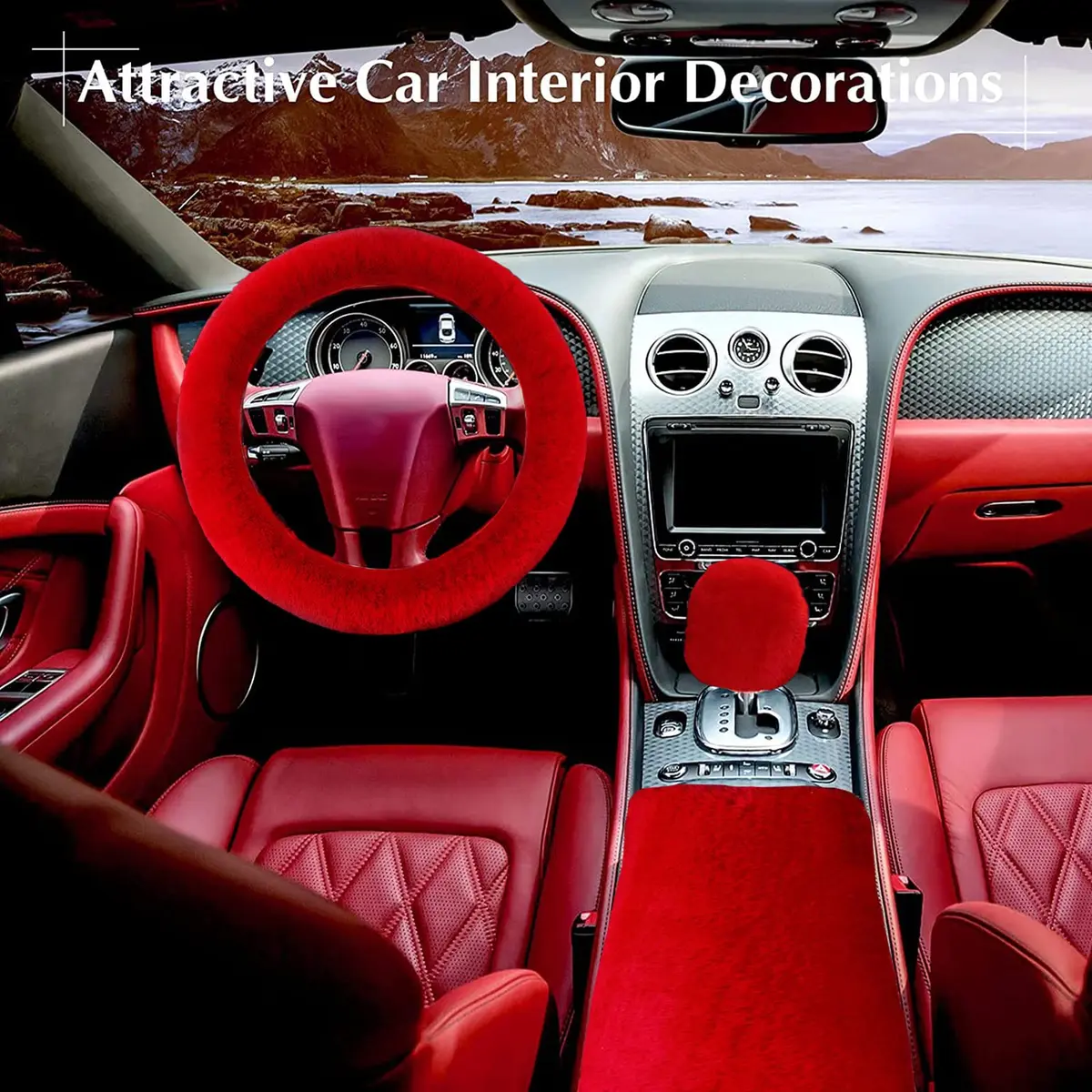 ZYNQACC Fluffy Steering Wheel Cover Set | Warm Soft Fuzzy Car Accessories for Women/Girls (15 Inch, Red) - view 6