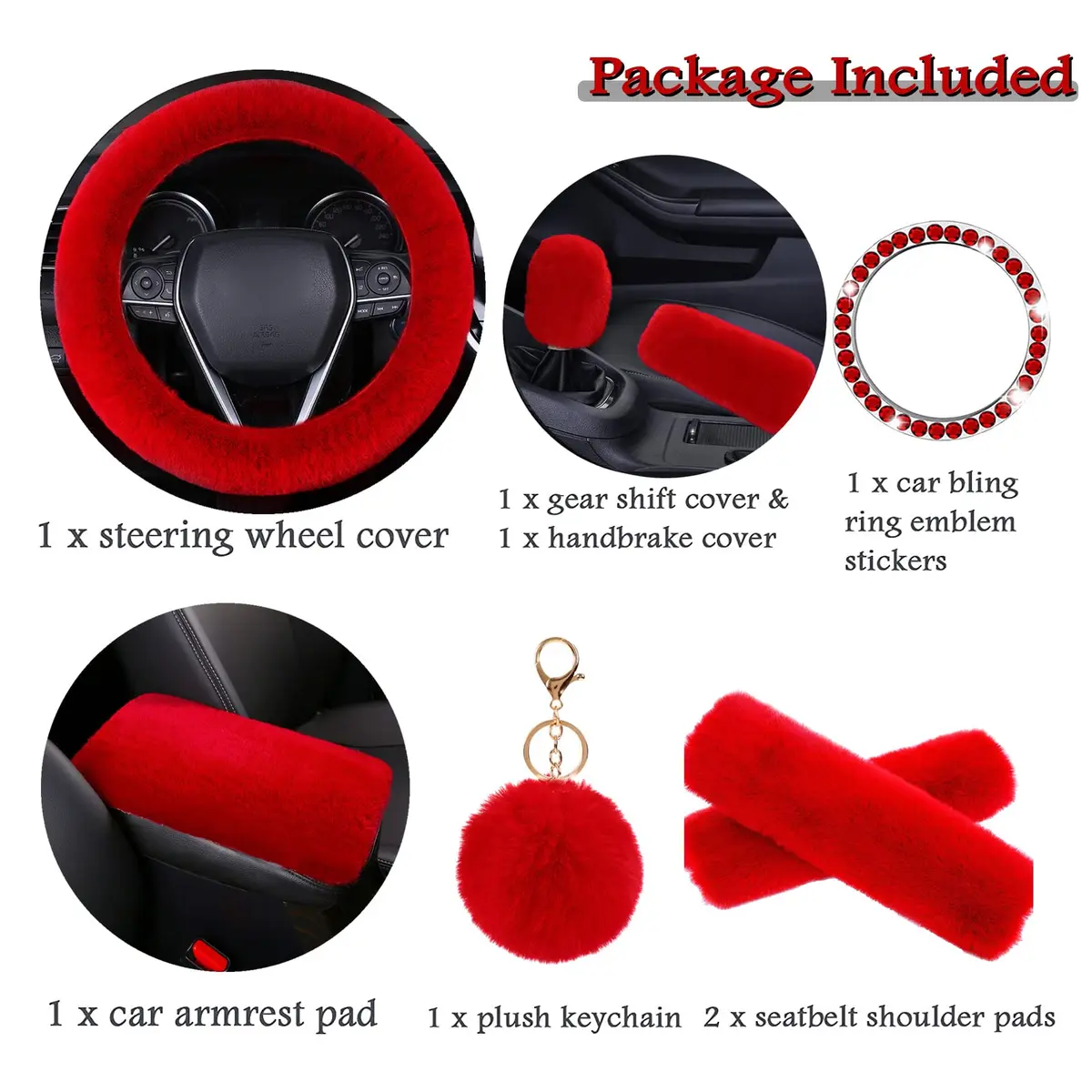 ZYNQACC Fluffy Steering Wheel Cover Set | Warm Soft Fuzzy Car Accessories for Women/Girls (15 Inch, Red) - view 2