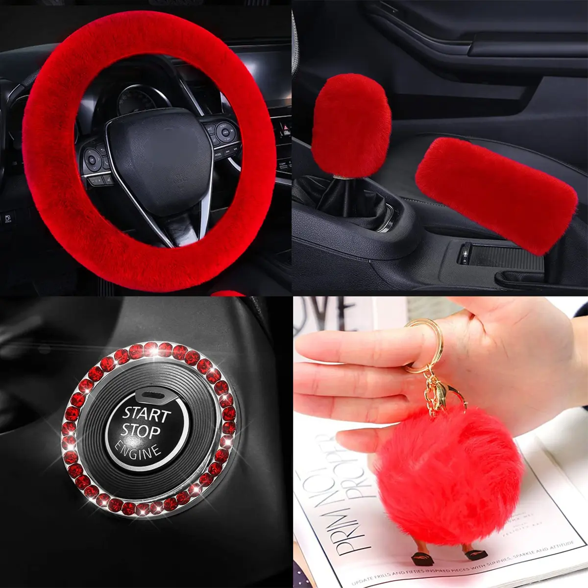 ZYNQACC Fluffy Steering Wheel Cover Set | Warm Soft Fuzzy Car Accessories for Women/Girls (15 Inch, Red) - view 3