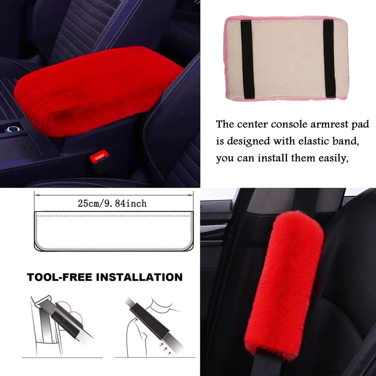 ZYNQACC Fluffy Steering Wheel Cover Set | Warm Soft Fuzzy Car Accessories for Women/Girls (15 Inch, Red) - view 4