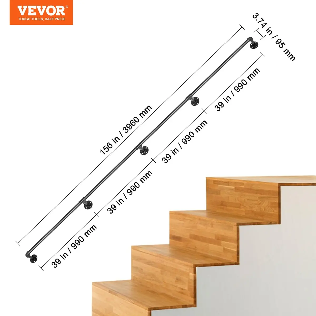 VEVOR Pipe Stair Handrail 13 FT (3.96 m) | Industrial Carbon Steel Staircase Handrail with 440 lbs Load Capacity - view 7